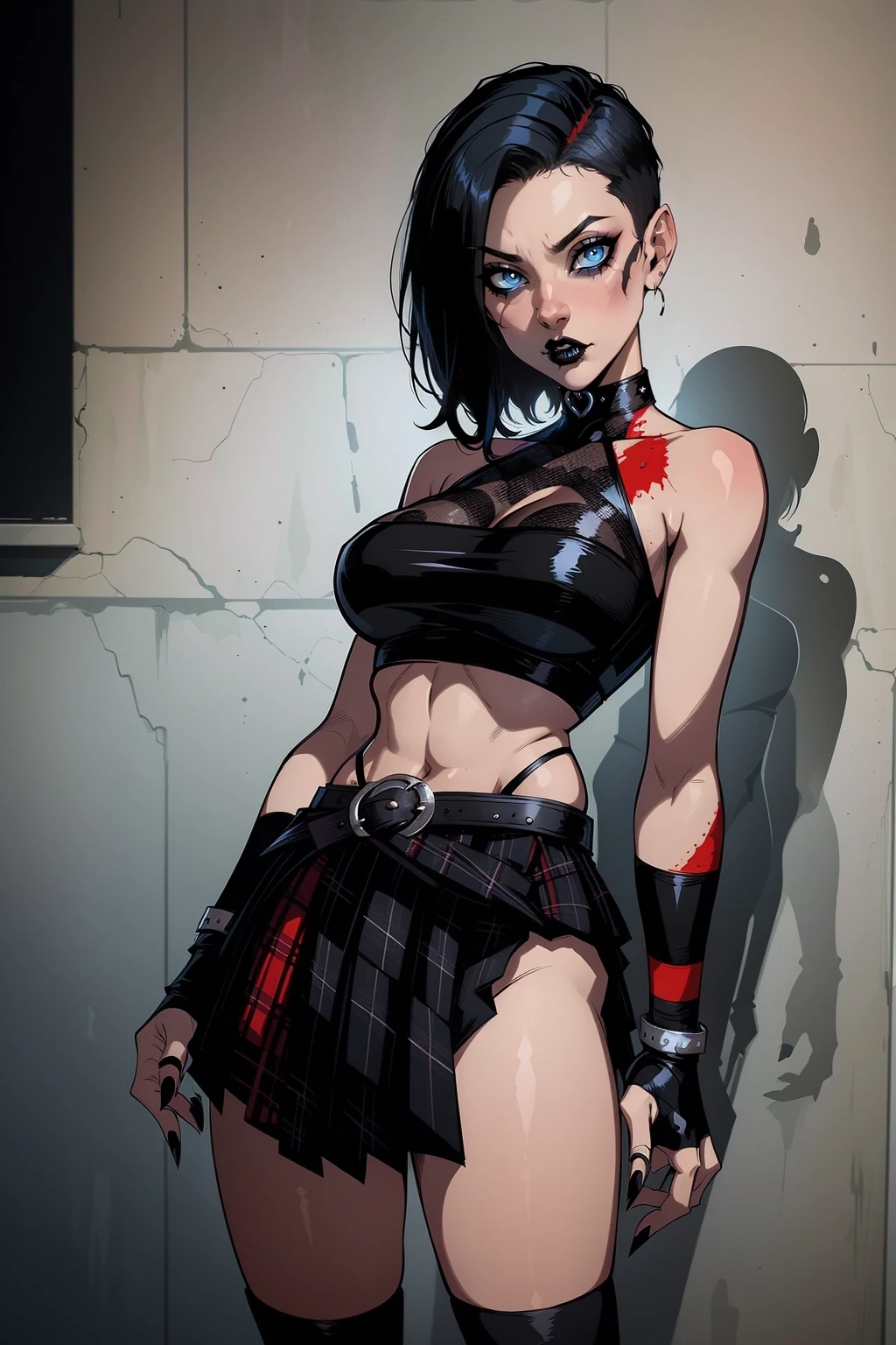 a woman with short black hair, hair on shoulders, wearing a black cropped and plaid skirt, blue eyes, zombie art, gothic art, cute aesthetic with vibe, toon aesthetic, wearing red costume, wearing gothic accessories, look like Cassie Hack, portrait