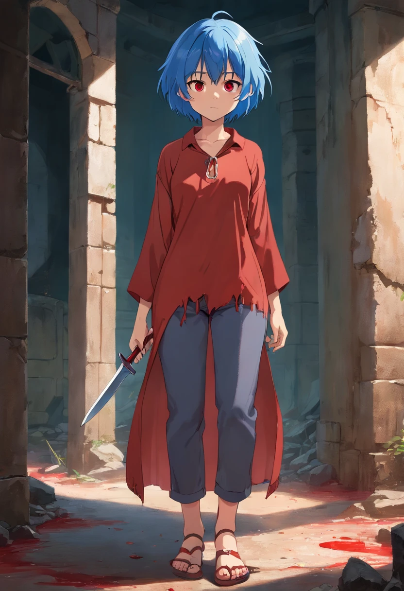 masterpiece, best quality,dutch angle,full body,(realistic,painting_style,)mature,NSFW(1girl), solo,African,Bright blue hair,red eyes,daruk skin,black skin,collar,short hair, realistic eyes, wet clothes,translucent,transparent,dripping,torn clothes,show off nipple,bare breasts ,shod,feet,embarrassed,standing,holding bloody knife,ruins,abandoned building,underground,dark,shadow