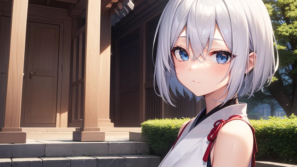 (masutepiece: 1.2, Best Quality), 1 Lady, Solo, silber hair,Shoulder out,Very short hair, long bangs between eyes, blue eyess,Black eyes,,White hair, Silver hair, shrine maiden clothe、shrines、