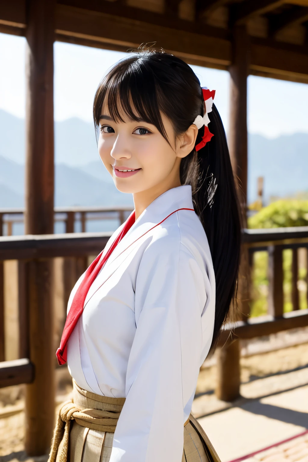 Please draw a beautiful young woman. Features smooth black hair that reaches to the shoulders. Hair is styled half up, Tie the top with a small ribbon. He has a kind expression and a warm smile.. Make your eyes and expression cool. Dressed in traditional Japanese uniforms based on red and white. Small breasts. In the background、Must include a soft blurred Japanese landscape with a torii gate, Visualize a bright daytime scene.