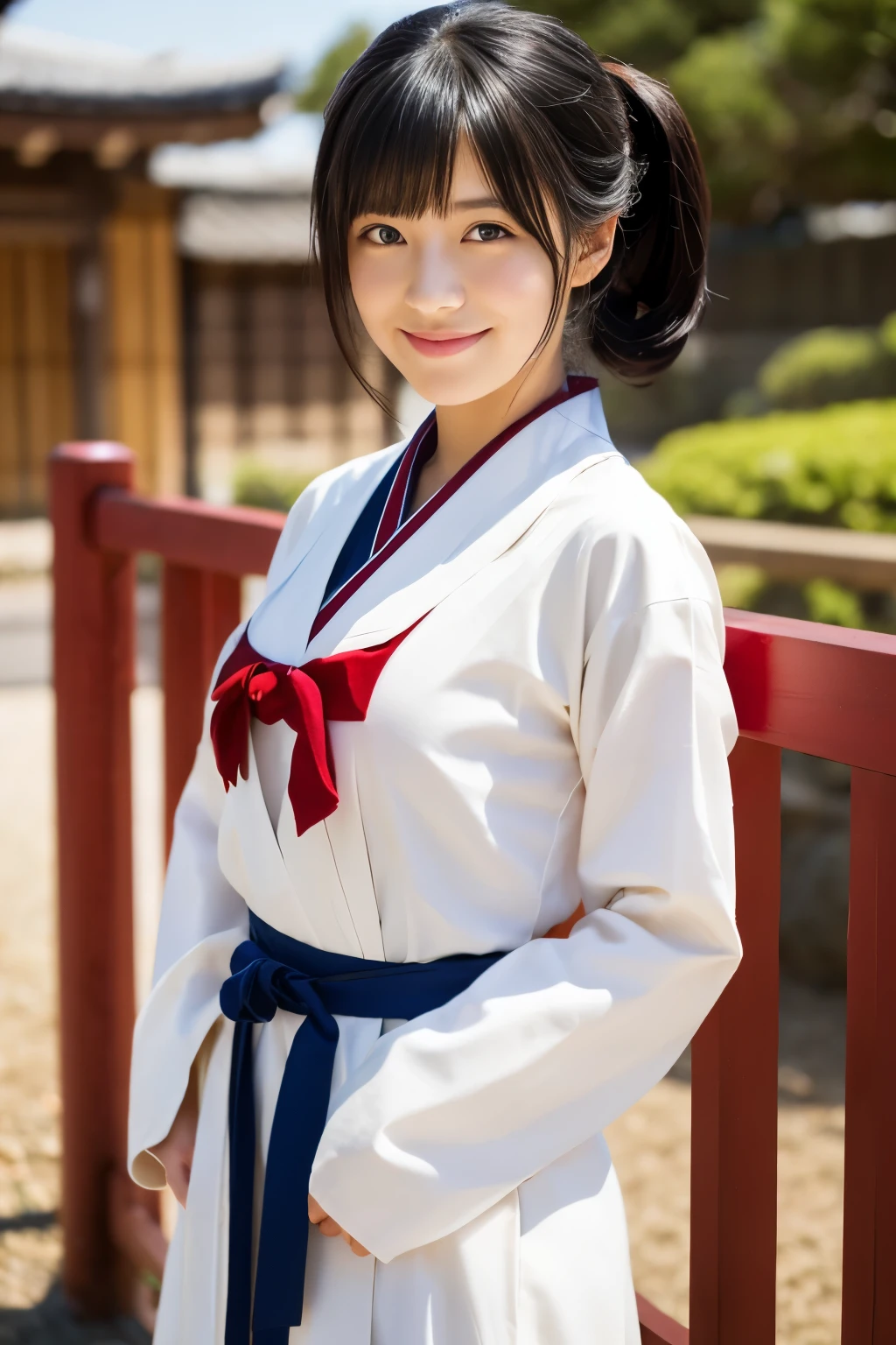 Please draw a beautiful young woman. Features smooth black hair that reaches to the shoulders. Hair is styled half up, Tie the top with a small ribbon. He has a kind expression and a warm smile.. Make your eyes and expression cool. Dressed in traditional Japanese uniforms based on red and white. Small breasts. In the background、Must include a soft blurred Japanese landscape with a torii gate, Visualize a bright daytime scene.