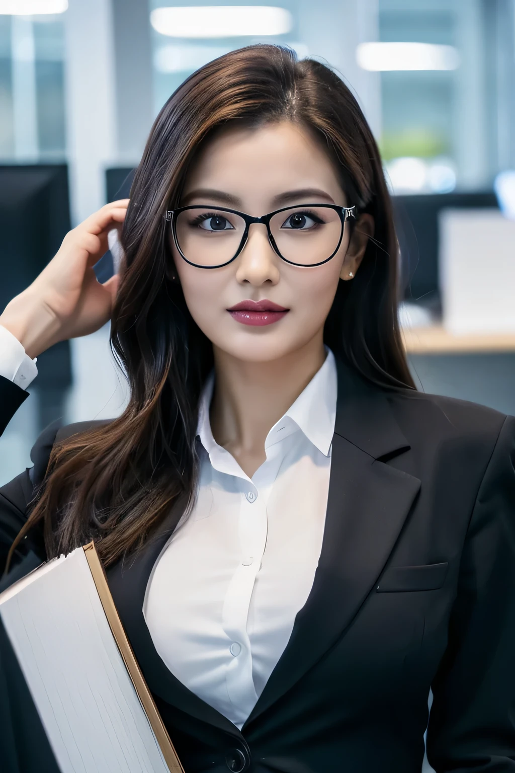 (top-quality,8K,masterpiece),
A slender woman in a black skirt and white shirt holds a book and glasses,
Very beautiful face,(A detailed eye,Detailed lips,Detailed skin,lipgloss),
Colossal tits,Emphasizes cleavage,
Woman in black business suit, Wearing a strict business suit,
businesswoman, Woman in business suit, Girl in a suit, female in office dress, suit and silver glasses, Girl in suit, young businesswoman, in a business suit, business outfit, wearing a suit and glasses,Colossal tits,