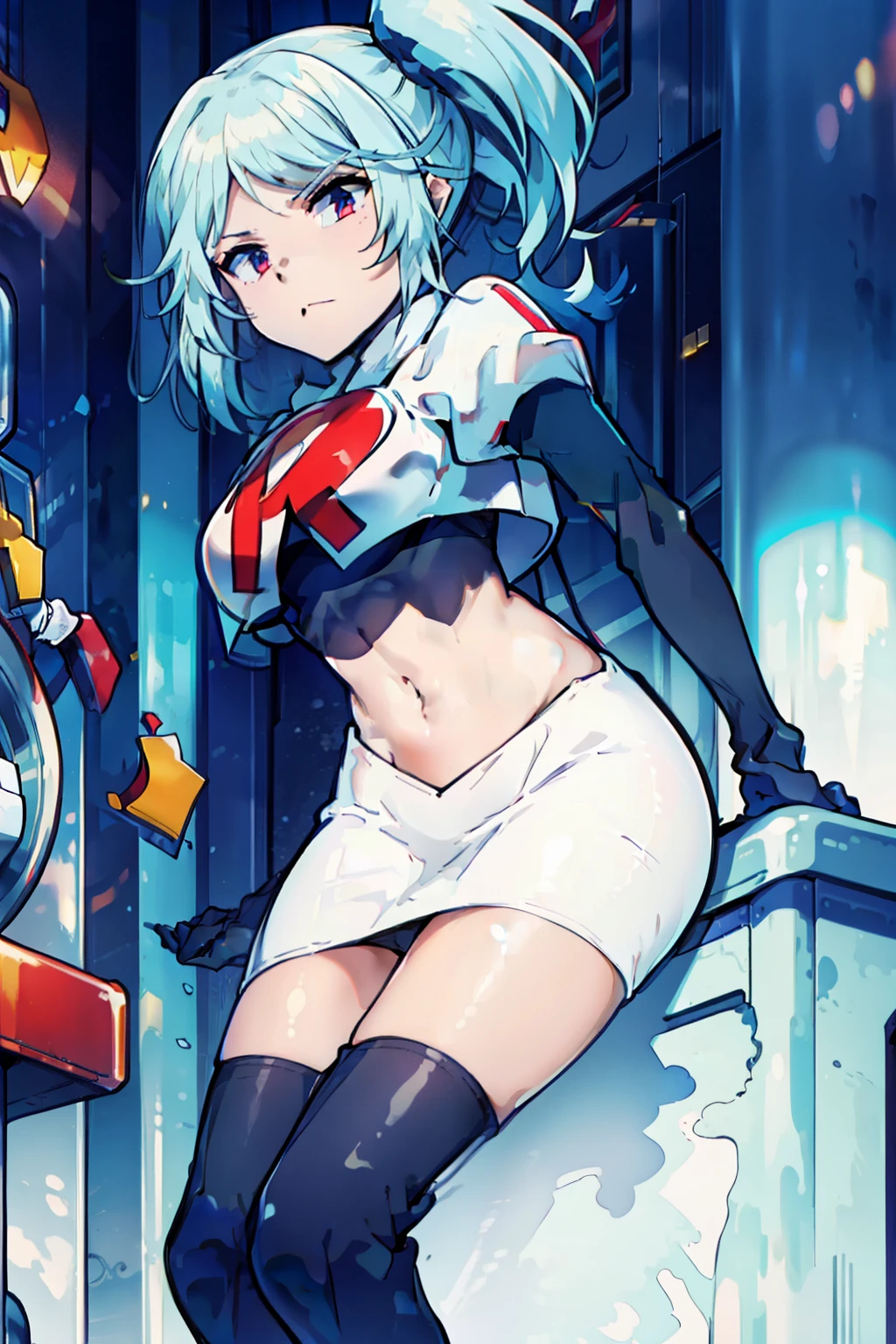disqust, team rocket,team rocket uniform,white skirt,red letter R,crop top,black thigh-highs,black elbow gloves,