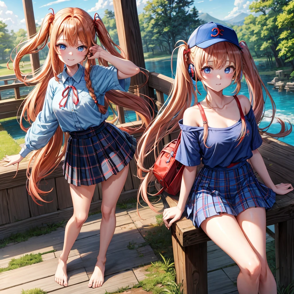 Red-blonde、Blue hair、blue eyess、Braids、poneyTail、one good looking girl、独奏、animesque、Plaid miniskirt、Black T-shirt、camisole、the woods、Walking、Wearing a plaid baseball cap、bare-legged、Tilting your face、log bridge、Doing the ribbon、have a twig、falls、Blue Topaz、Sunset sky、Wearing headphones、spiraling staircase、land bridge