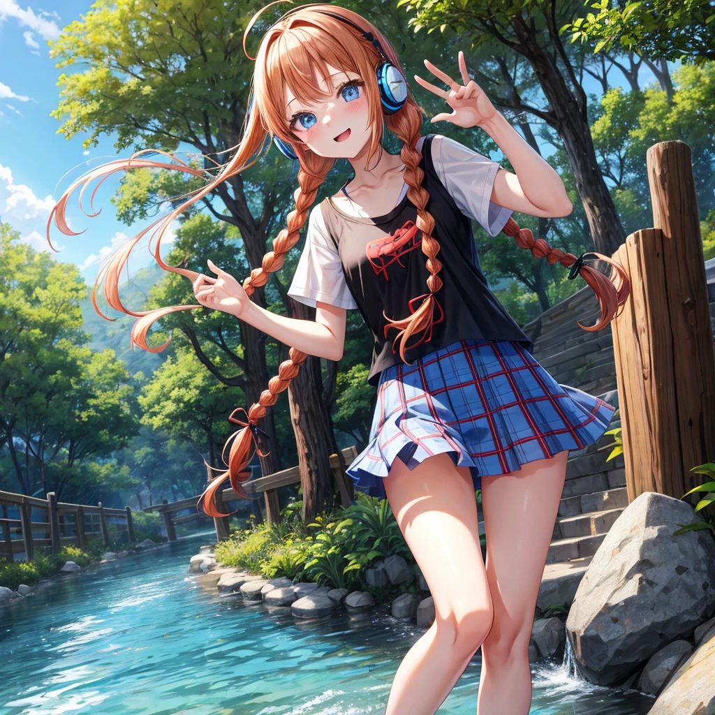 Red-blonde、Blue hair、blue eyess、Braids、poneyTail、one good looking girl、独奏、animesque、Plaid miniskirt、Black T-shirt、camisole、the woods、Walking、Wearing a plaid baseball cap、bare-legged、Tilting your face、log bridge、Doing the ribbon、have a twig、falls、Blue Topaz、Sunset sky、Wearing headphones、spiraling staircase、land bridge