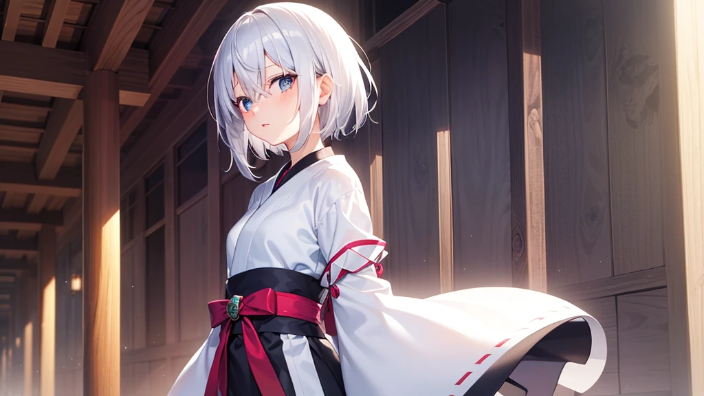 (masutepiece: 1.2, Best Quality), 1 Lady, Solo, silber hair,Shoulder out,Very short hair, long bangs between eyes, blue eyess,Black eyes,,White hair, Silver hair, shrine maiden clothe、shrines、blue-sky