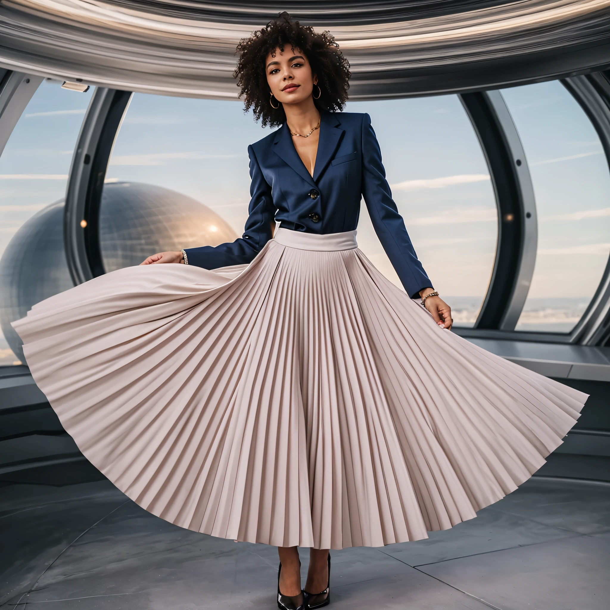 (authentic:1,1) (shy:1,2) smiling:1,1) woman wearing (long (pleated) full circle skirt) and (low heeled office shoes), very intricate hyper-detailed symmetric (attractive graceful feminine face) with (sad, tired eyes and a shy smile), large breasts, full of empathy and compassion and love, (pronounced (feminine) features), (highly detailed ultra accurate realistic) hands and fingers, (windy conditions and wind blowing), epic composition, highly detailed attributes, highly detailed space station background, extremely high quality RAW photograph,