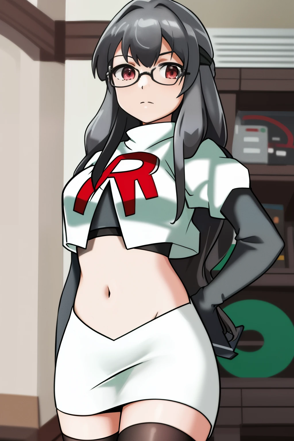 futaba rio,glasses,(gray hair),very detailed ,highres,(masterpiece_1.0),(best quality_1.0),team rocket,team rocket uniform,white skirt,red letter R,crop top,black thigh-highs,black elbow gloves,