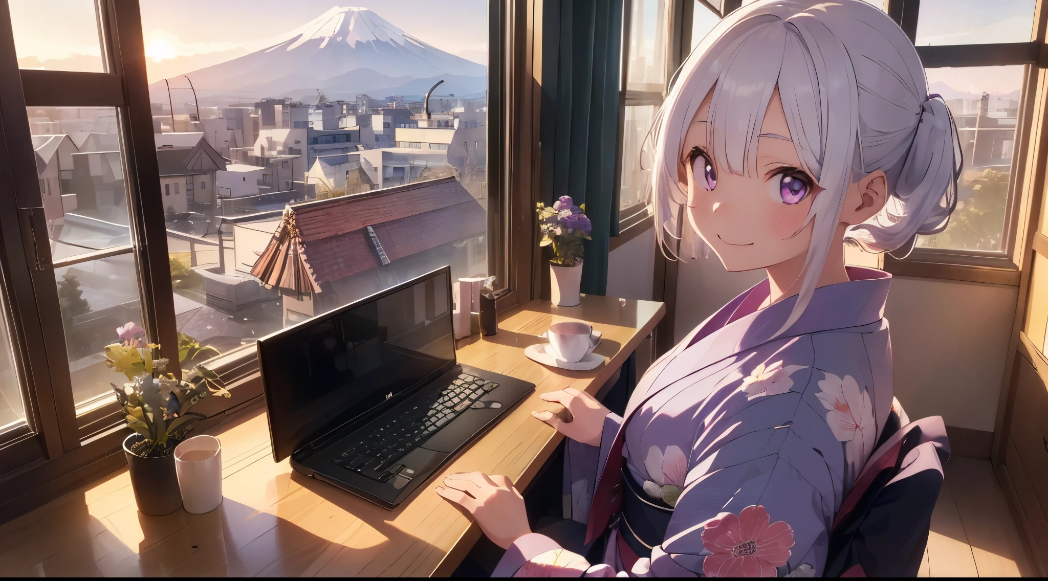 (Girl looking at the sunrises from the window of the room with a computer, mont. Fuji,sunrises, beautiful sunrises,Only one girl has white hair、Beautiful computer-patterned Japanese kimono with long sideburns and light purple eyes、Kanzashi、A smile