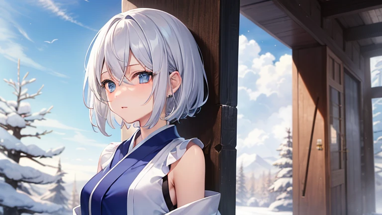 (masutepiece: 1.2, Best Quality), 1 Lady, Solo, silber hair,Shoulder out,Very short hair, long bangs between eyes, blue eyess,Black eyes,,White hair, Silver hair, shrine maiden clothe、shrines、blue-sky、snowscape