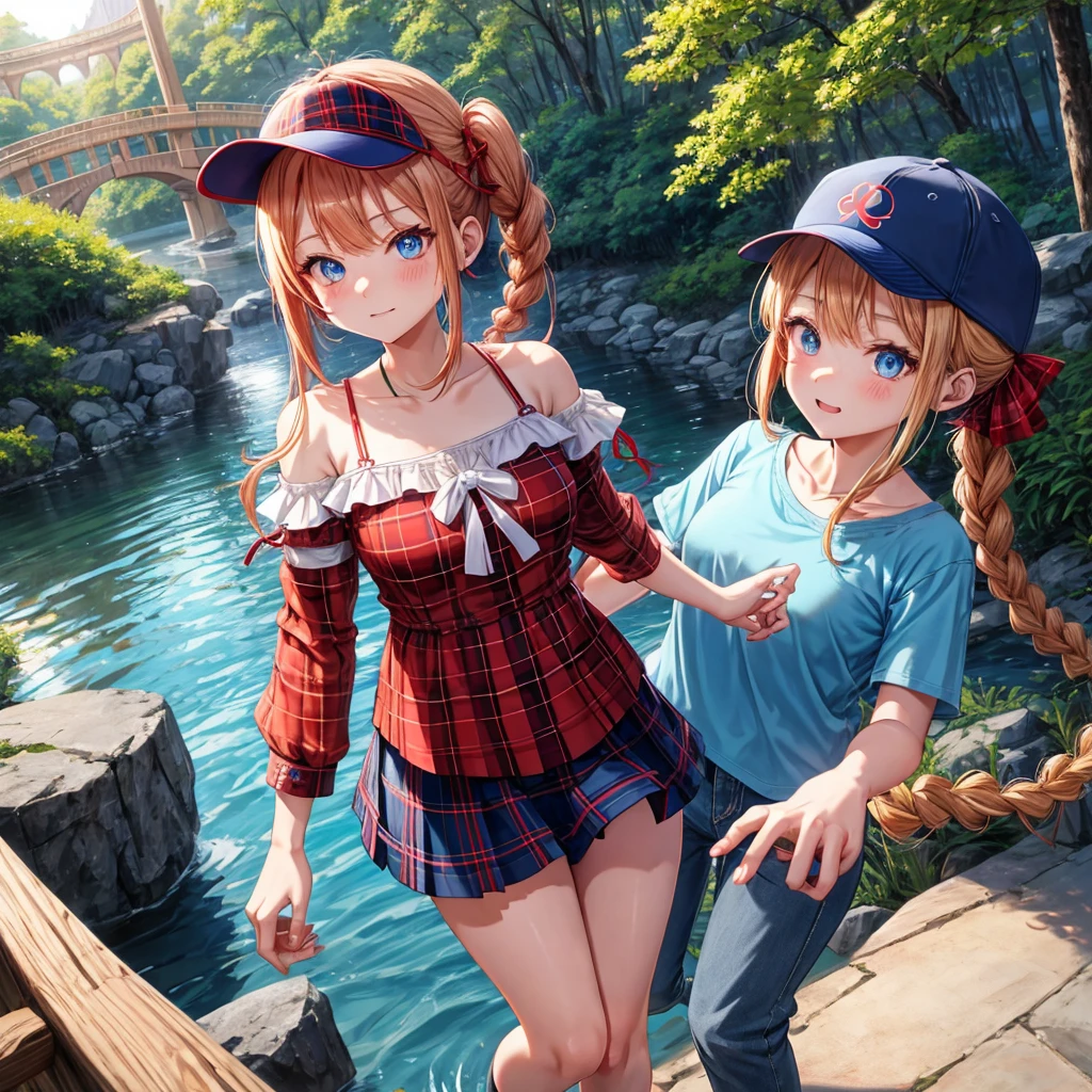 Red-blonde、Blue hair、blue eyess、Braids、poneyTail、one good looking girl、独奏、animesque、Plaid miniskirt、Black T-shirt、camisole、the woods、Walking、Wearing a plaid baseball cap、bare-legged、Tilting your face、log bridge、Doing the ribbon、have a twig、falls、Blue Topaz、Sunset sky、Wearing headphones、Stone bridge、falls壺