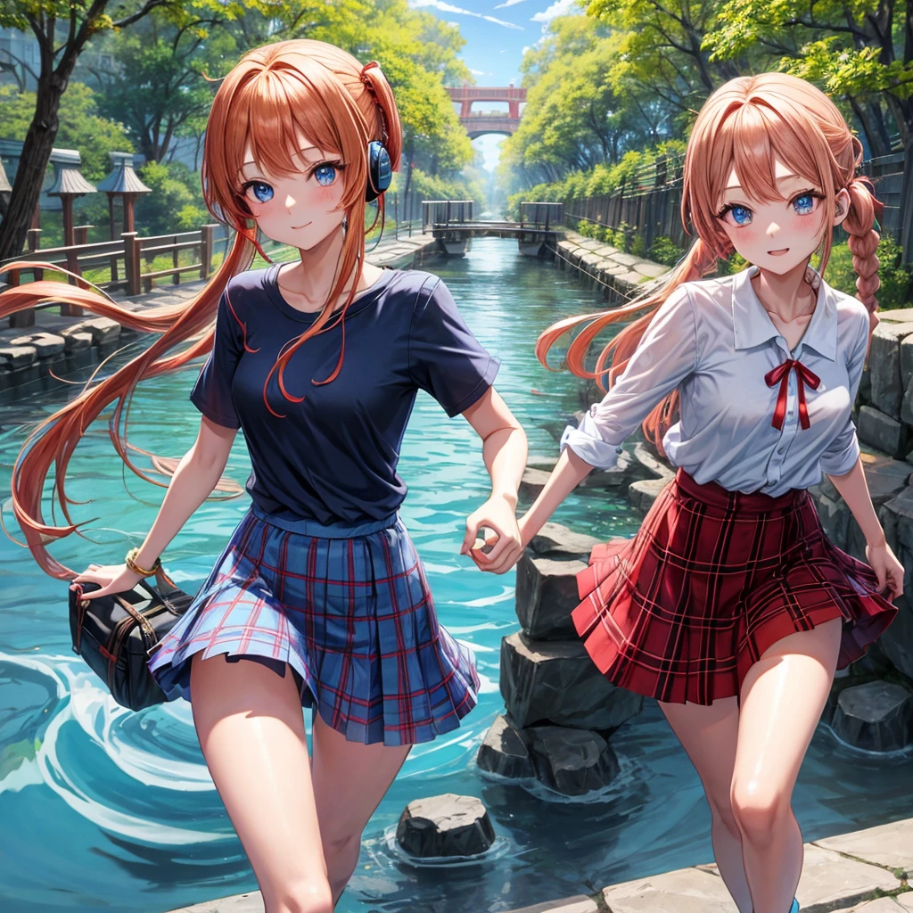 Red-blonde、Blue hair、blue eyess、Braids、poneyTail、one good looking girl、独奏、animesque、Plaid miniskirt、Black T-shirt、camisole、the woods、Walking、Wearing a plaid baseball cap、bare-legged、Tilting your face、log bridge、Doing the ribbon、have a twig、falls、Blue Topaz、Sunset sky、Wearing headphones、Stone bridge、falls壺