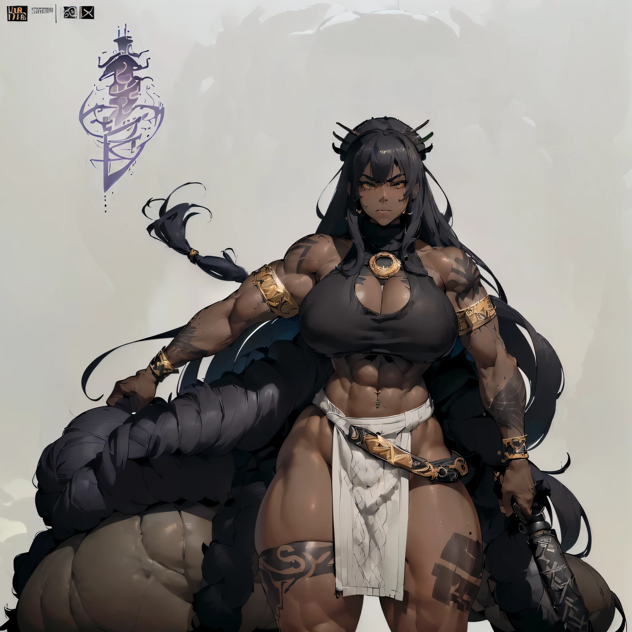 (Very angry girl with dark grey skin and tribal tatto), ((1girl)), white hair, crazy messy curly long hair, (white eyeusculars), (thick thighs), solo, very angry, ((dark grey skin)), (10 pack abs), long leg muscular thighs, (strong jawline), ((((big huge saggy long tittieig muscular wide broad shoulders), wide hips huge, wide waste, (( very big muscular veiny arm)), big trapeziusfur coat, black crop top turtle neck sweater with no arm sleeves, fur cloak, ( military cap), (tribal loincloth dress), Golden barbarian belt, (holding weapon in the right), tribal garb clothing, thicc milf, muscular,