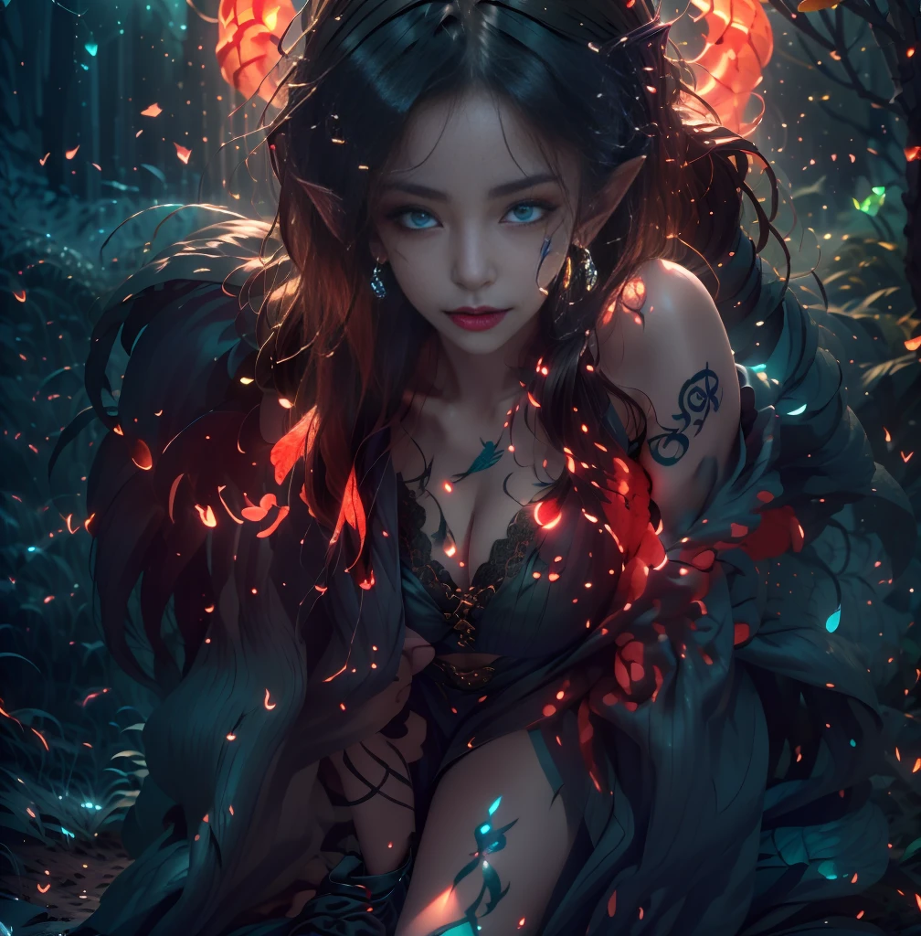 (Aschenhardt Style:1.4), Masterpiece, Best Quality, High Quality,(Dark shapeless creature with dark green glow and green eyes and surrounded by darkness:1.2), (in profile), (Darkness:1.2), Abstraction, Deep Sea, Award-winning photography, Depth of field, HDR, Very detailed, Trending in art stations, Trending in CGsociety, Complex, High detail,(Masterpiece:1.2, Best Quality), (Best Lighting, Very Delicate and Beautiful), (Best Lighting, Very Delicate and Beautiful), (Beautiful Detailed Face), (Detailed Eyes and Detailed Face:1.2), Dark Fantasy, (Young Girl, Little Beast, 1girl, Solo, Crazy Smile, Pale Skin,19 Piercings, night elf, big breast ((tattoos all over body, Red Tribal tattoos all over arms and chest)) long white curly hair, glowing green eyes, dynamic angle, vampire), (get chains, magic circles, graffiti on the wall, in the background)),get demons to be summoned), magic thunder, pointy_ears, fangs,demon wings,demon horns,blood on face,blood rain,blood mist,(depth of field),high contrast,(blood splash:1.4),cowboy shot,full body, sexy fantasy leather armor in red black and gold, black lace up thigh boots,shout, Sacrifice, Magnificent Stage, epic movie poster