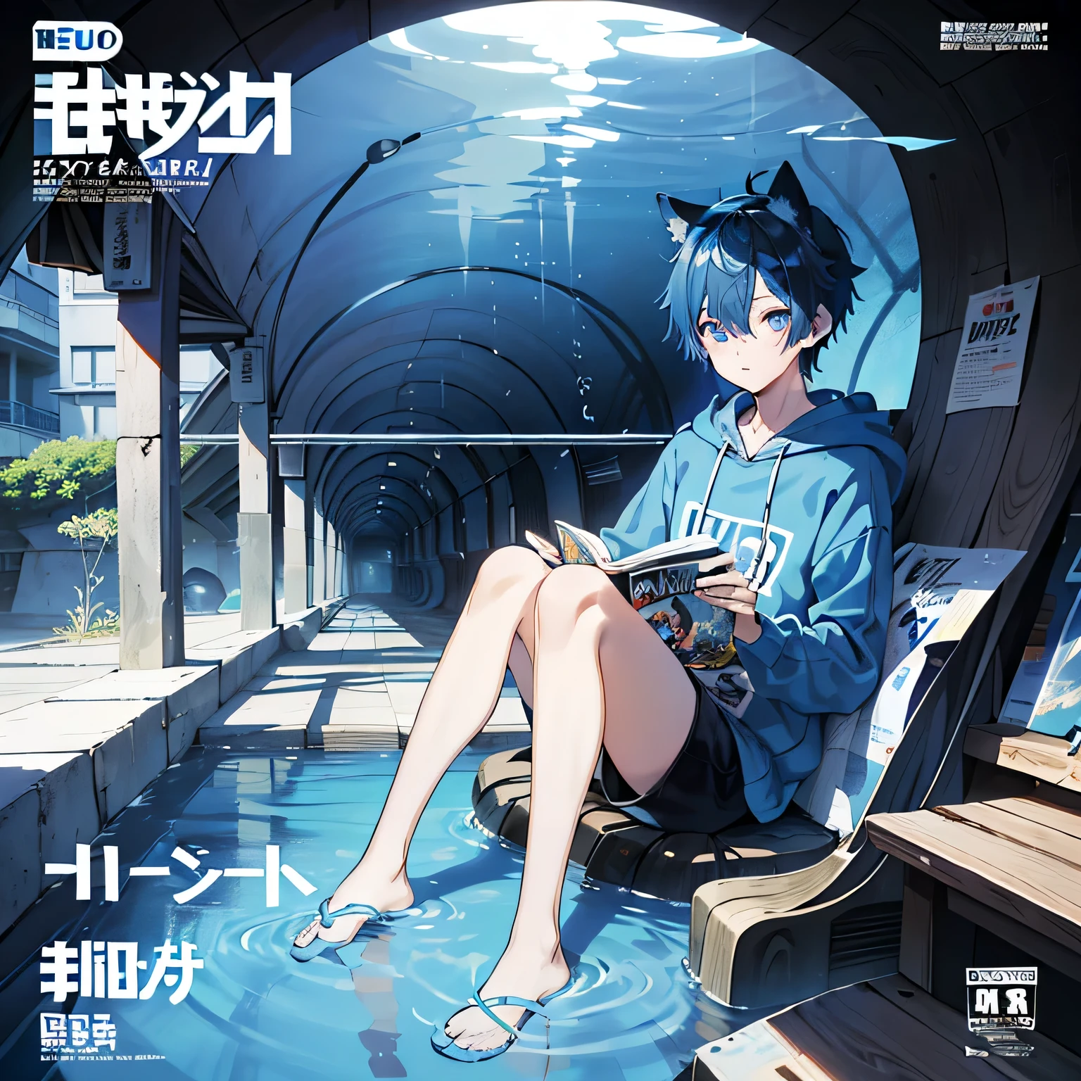 masterpiece, best quality, full body, detailed eyes, beautiful eyes, (1boy), (blue hoodie), (Boy Messy Japanese Round Haircut for Thick Hair), (blue hair and blue cat ears), black shorts, (solo), (magazine:1.3), (cover-style:1.3), fashionable, Under water, (tunnel aquarium)