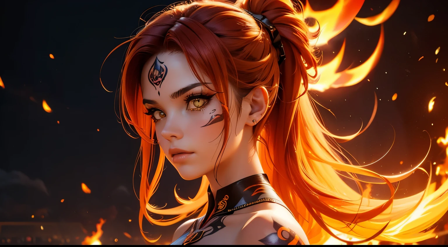 (best quality) (close up) girl with fire for hair that flows over and down her back looking over her shoulder, (pyro) yellow and dark orange eyes of fire intensely staring, fire tattoos on her face, fire tattoos, tattoos, firenado, fire tornado in background, HDR, 4K, Ultra high detail, 3D, 3D animation