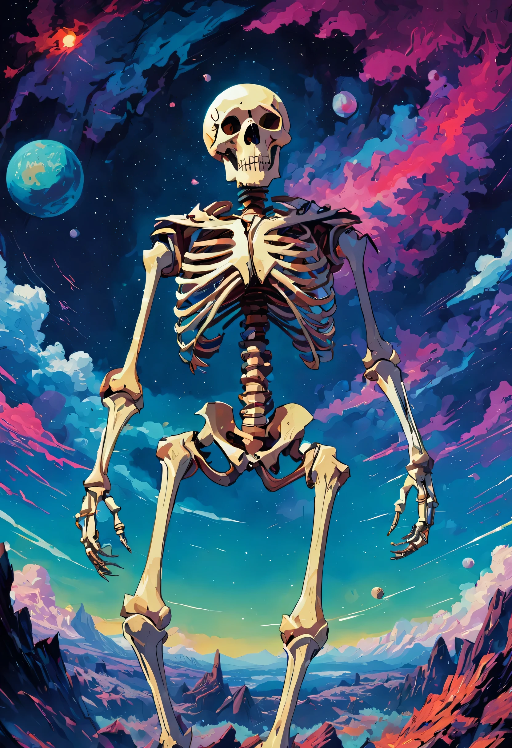 1 Skeleton Love,adolable,Super meticulous,s fractal art,Colorful,detailed back ground,Fractals in the background,Space and stars,Wings on the back,hight contrast,Ray traching,cinmatic lighting,(From the front:0.6)