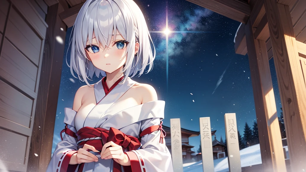 (masutepiece: 1.2, Best Quality), 1 Lady, Solo, silber hair,Shoulder out,Very short hair, long bangs between eyes, blue eyess,Black eyes,,White hair, Silver hair, shrine maiden clothe、shrines、blue-sky、snowscape