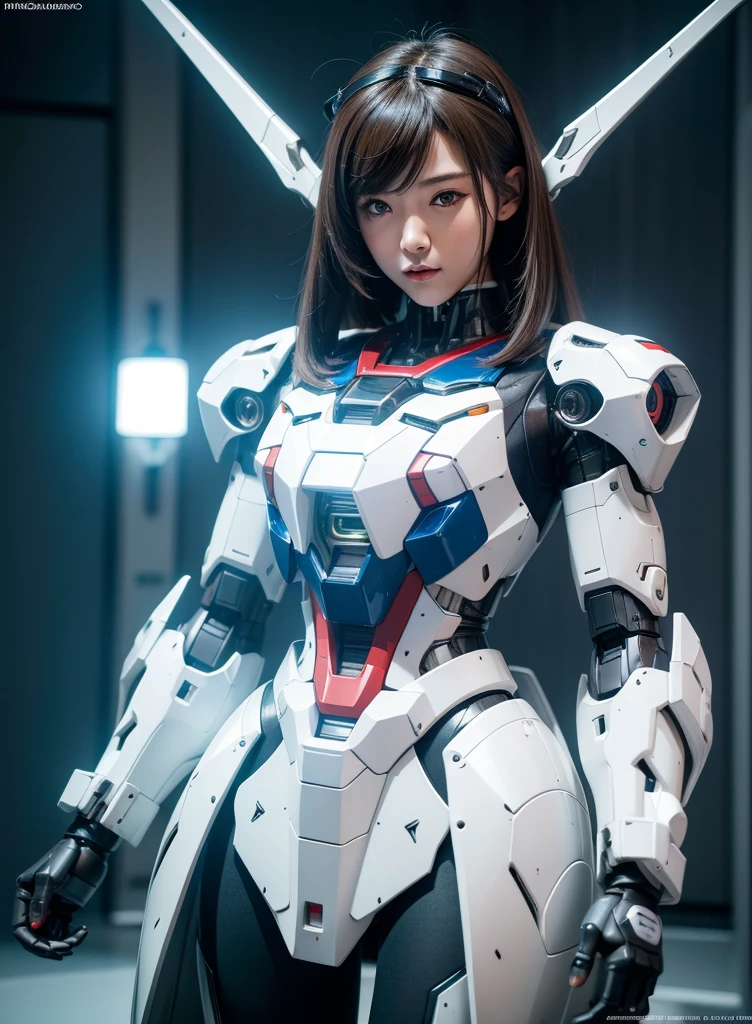 Textured skin, Super Detail, high details, High quality, Best Quality, hight resolution, 1080p, hard disk, Beautiful,(Gundam),beautiful cyborg woman,Mecha Cyborg Girl,Battle Mode,Girl with a Mecha Body,She wears a futuristic Gundam mecha,Fulll body Shot