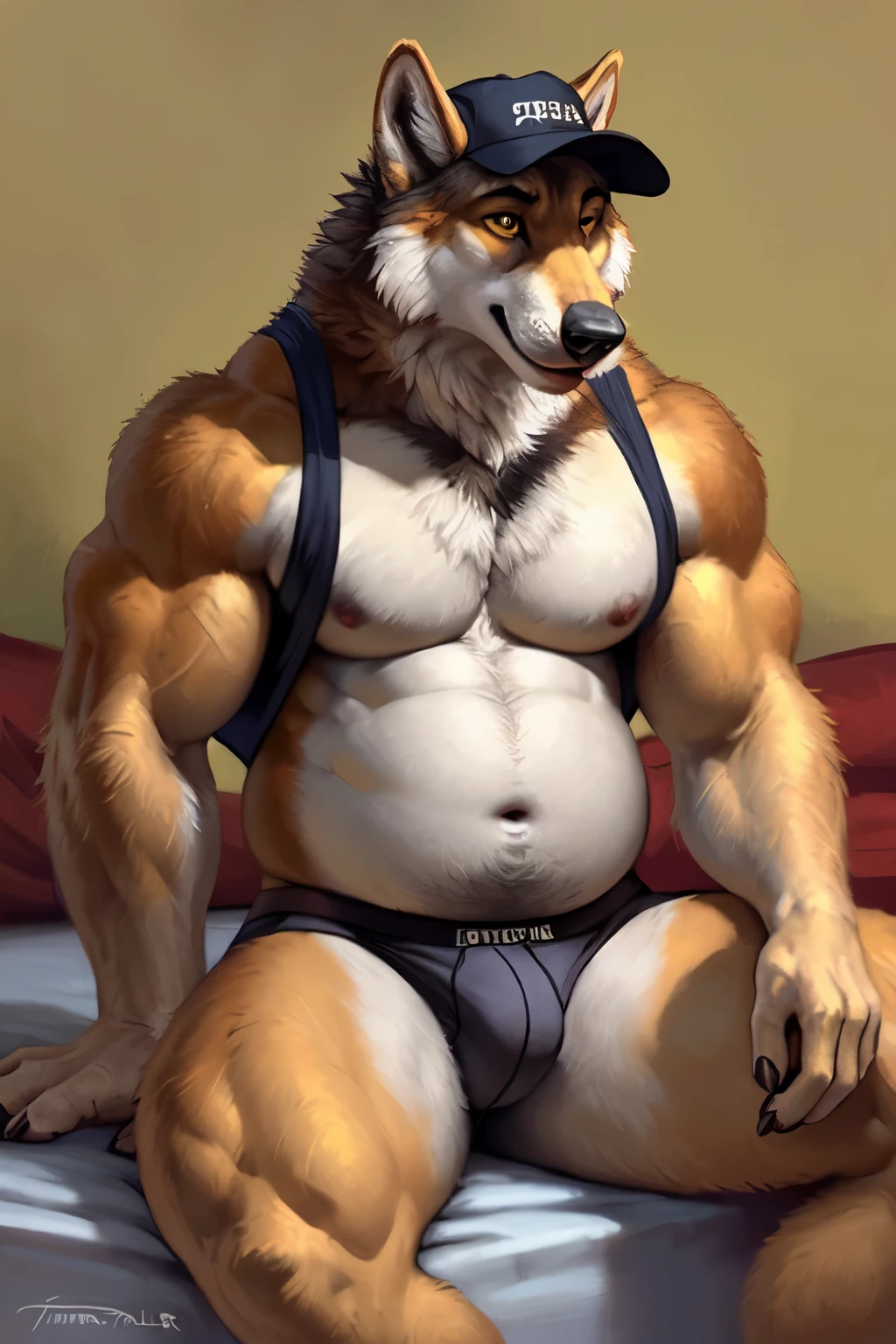 (by NOMMZ, by taran fiddler), solo, anthro, male fursona, wolf (dark gray wolf with white fur), eating (eating food), showing of belly, (white underwear boxer:1.2) (wearing white hat:1.2) (wearing black undershirt showing off belly:1.3), handsome, ((busts)), (bulky:1.3), athletic body, athletic abs, muscle on round belly ((round belly has muscle abs:1.3)) musculature, bedroom enviroment (sitting on bed), lying on bed