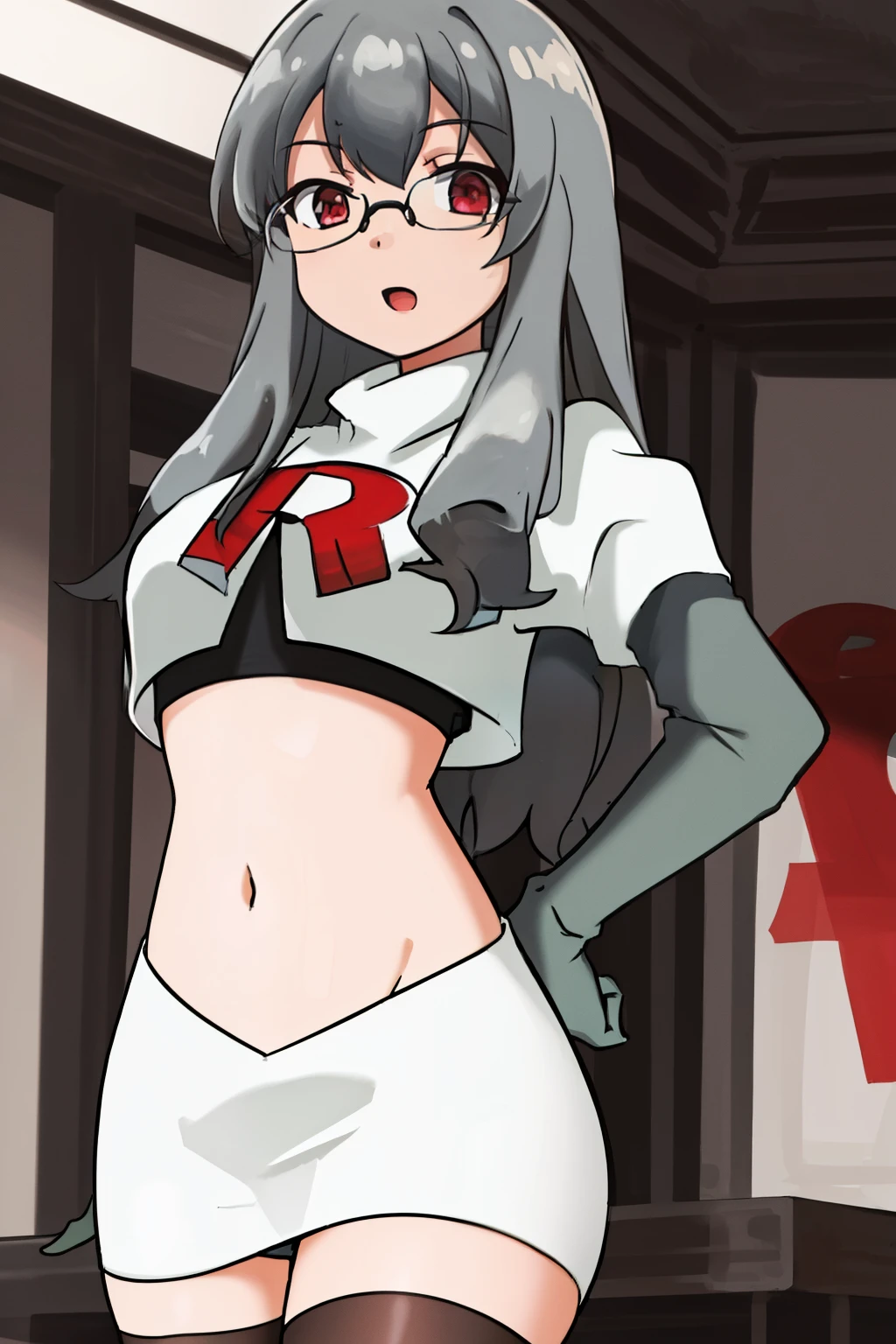 futaba rio,glasses,(gray hair),very detailed ,highres,(masterpiece_1.0),(best quality_1.0),team rocket,team rocket uniform,white skirt,red letter R,crop top,black thigh-highs,black elbow gloves,