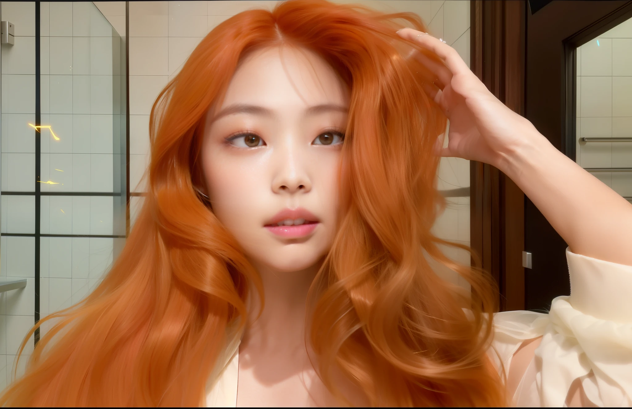 there is a woman with long red hair posing for a picture, flowing cabelo de gengibre, gengibre cabelo ondulado, cabelos longos coloridos enferrujados, orange flowing hair, Madison Beer como Leeloo, pele laranja e cabelo ardente longo, cabelo laranja longo flutuando no ar, cabelo de gengibre, long cabelo de gengibre, long glowing ethereal hair, Ela tem longos cabelos castanhos alaranjados, flowing glowing hair