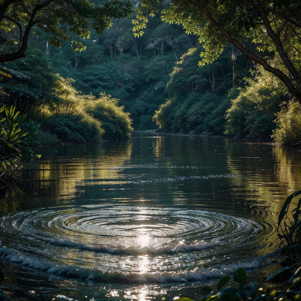 Observando de cima uma floresta exuberante, you are enchanted by the crystal clear and sparkling waters of the river that flow with a gentle and constant current.

Sunlight falls on the water, fazendo com que ela reflita um brilho intenso e cintilante. Sun rays dance on the water surface, creating a dazzling and mesmerizing light show. A cada movimento do rio, o brilho parece se multiplicar, as if thousands of diamonds were scattered throughout the water.

The reflection of the surrounding vegetation harmonizes with the brightness, criando uma paleta de cores vibrantes e reluzentes. It is a scene of pure beauty and serenity, where the river and its sparkling glow become the focus of the scene.

Ao olhar para o rio, you feel a sense of wonder and tranquility, while the magic of the sparkling glow on the water envelops your senses.