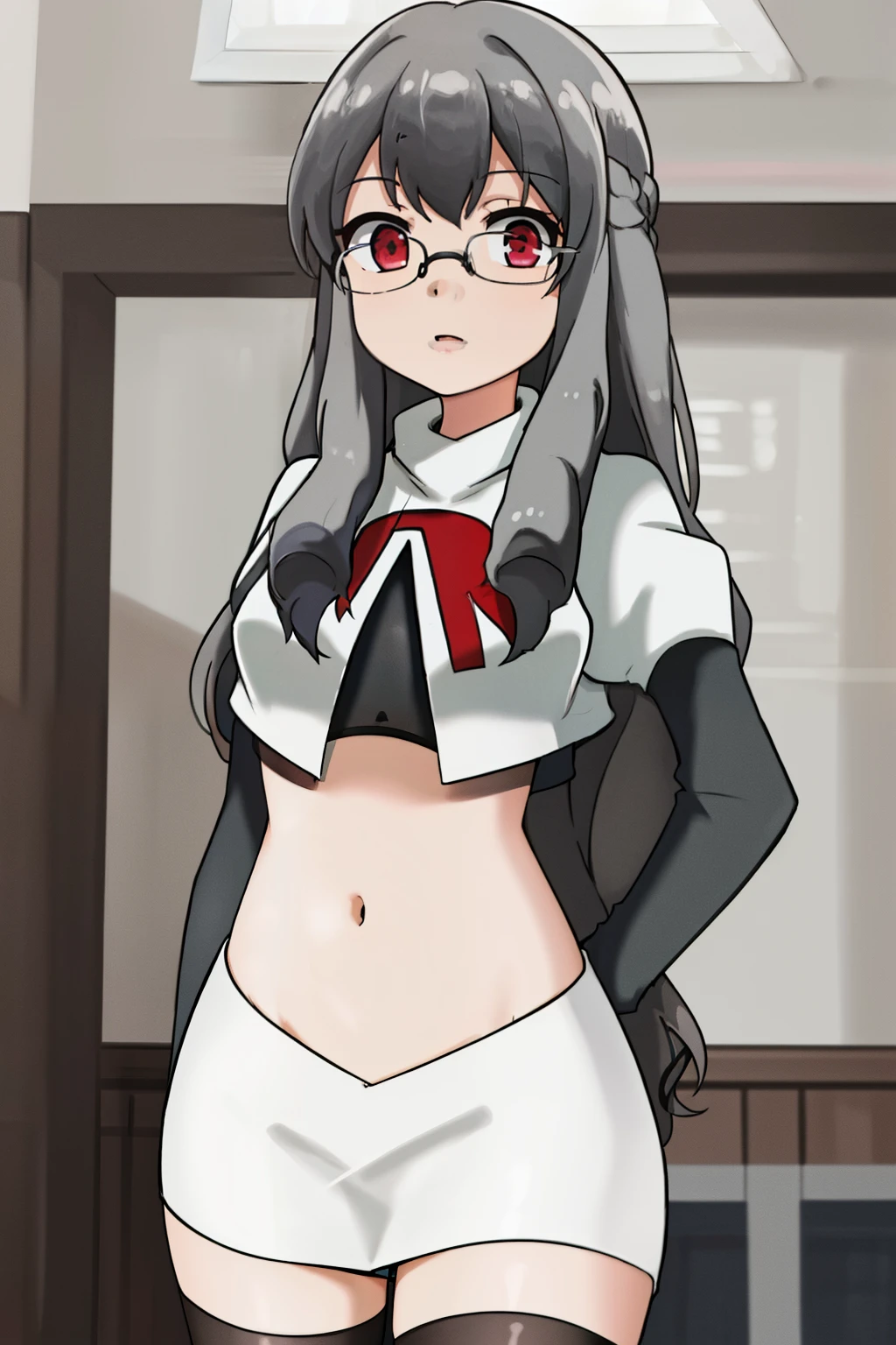 futaba rio,glasses,(gray hair),very detailed ,highres,(masterpiece_1.0),(best quality_1.0),team rocket,team rocket uniform,white skirt,red letter R,crop top,black thigh-highs,black elbow gloves,