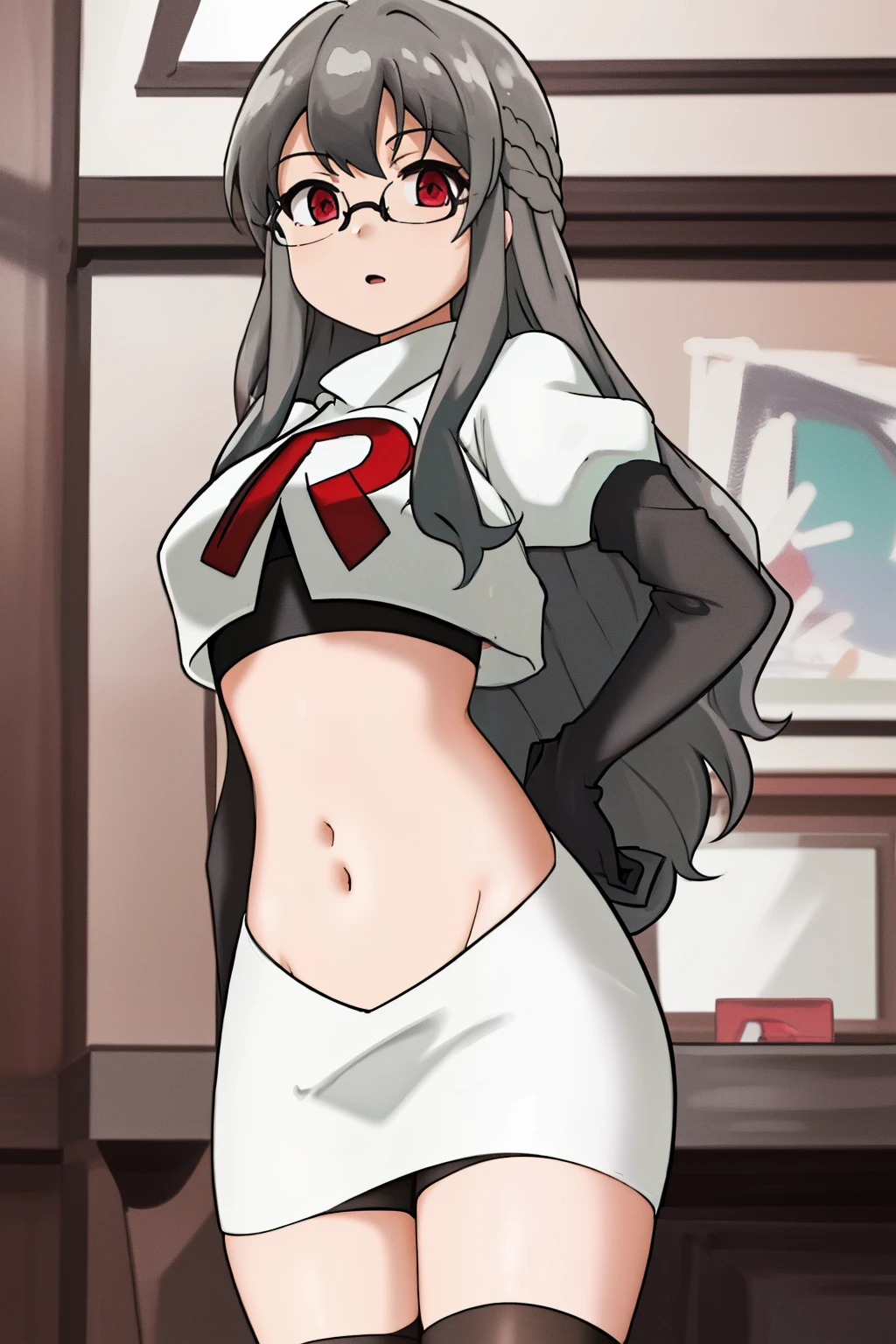 futaba rio,glasses,(gray hair),very detailed ,highres,(masterpiece_1.0),(best quality_1.0),team rocket,team rocket uniform,white skirt,red letter R,crop top,black thigh-highs,black elbow gloves,