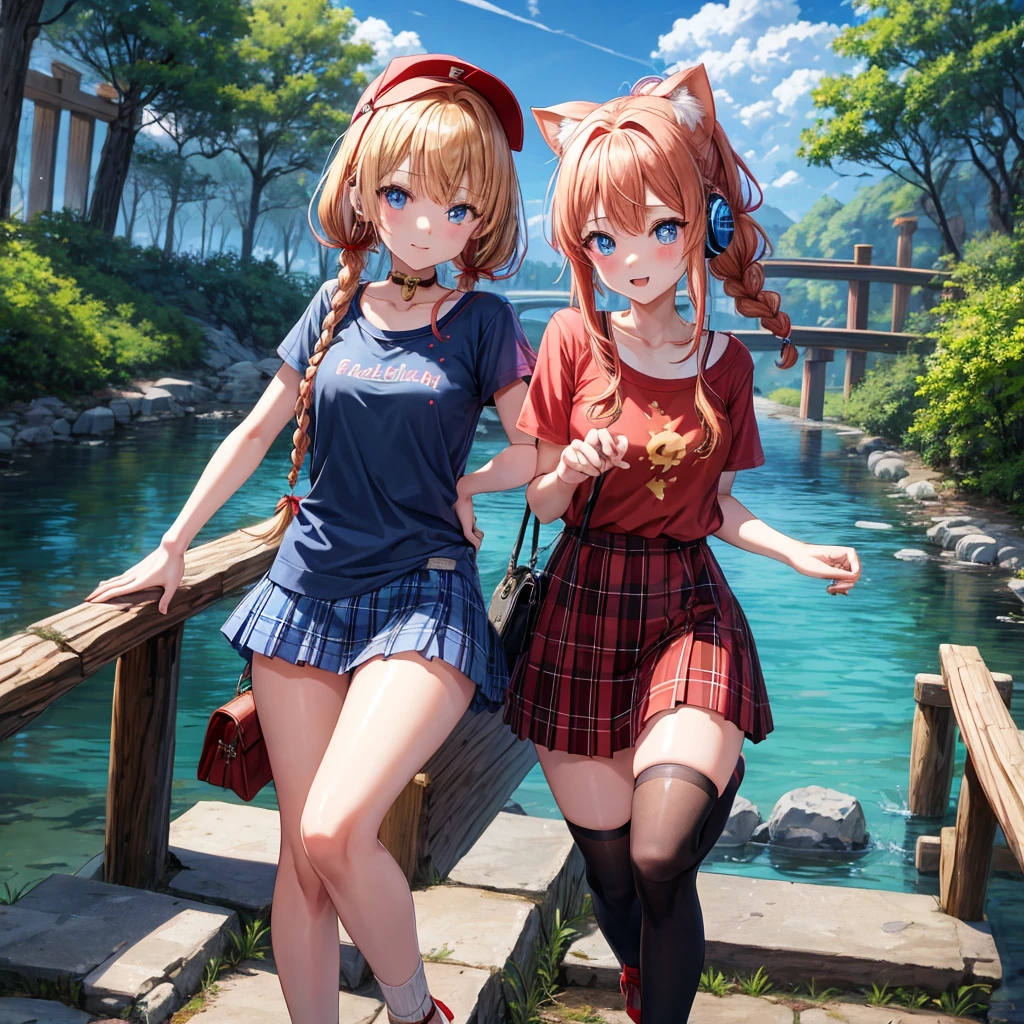 Red-blonde、Blue hair、blue eyess、Braids、poneyTail、one good looking girl、独奏、animesque、Plaid miniskirt、Black T-shirt、camisole、the woods、Walking、Wearing a plaid baseball cap、bare-legged、Tilting your face、log bridge、Doing the ribbon、have a twig、falls、Blue Topaz、Sunset sky、Wearing headphones、Stone bridge、falls壺