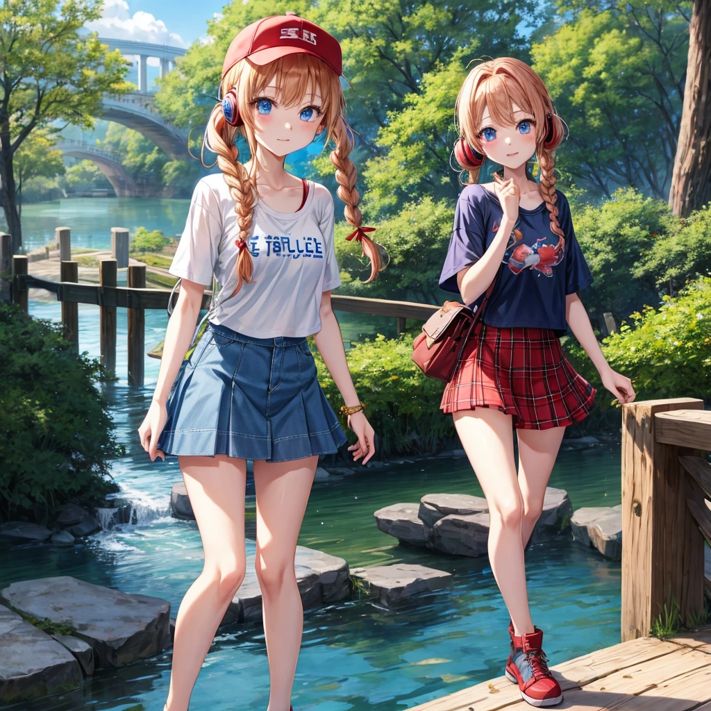 Red-blonde、Blue hair、blue eyess、Braids、poneyTail、one good looking girl、独奏、animesque、Plaid miniskirt、Black T-shirt、camisole、the woods、Walking、Wearing a plaid baseball cap、bare-legged、Tilting your face、log bridge、Doing the ribbon、have a twig、falls、Blue Topaz、Sunset sky、Wearing headphones、Stone bridge、falls壺