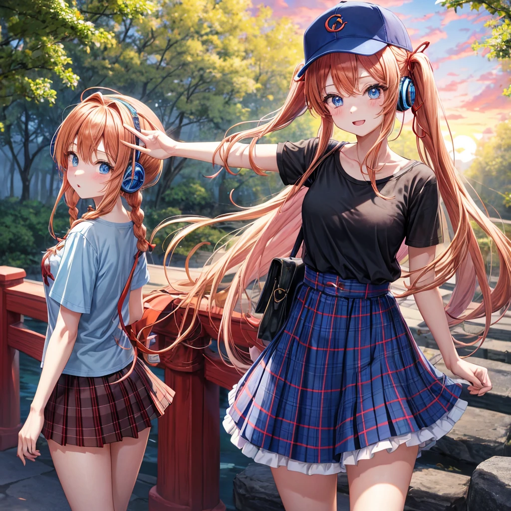 Red-blonde、Blue hair、blue eyess、Braids、poneyTail、one good looking girl、独奏、animesque、Plaid miniskirt、Black T-shirt、camisole、the woods、Walking、Wearing a plaid baseball cap、bare-legged、Tilting your face、log bridge、Doing the ribbon、have a twig、falls、Blue Topaz、Sunset sky、Wearing headphones、Stone bridge、falls壺