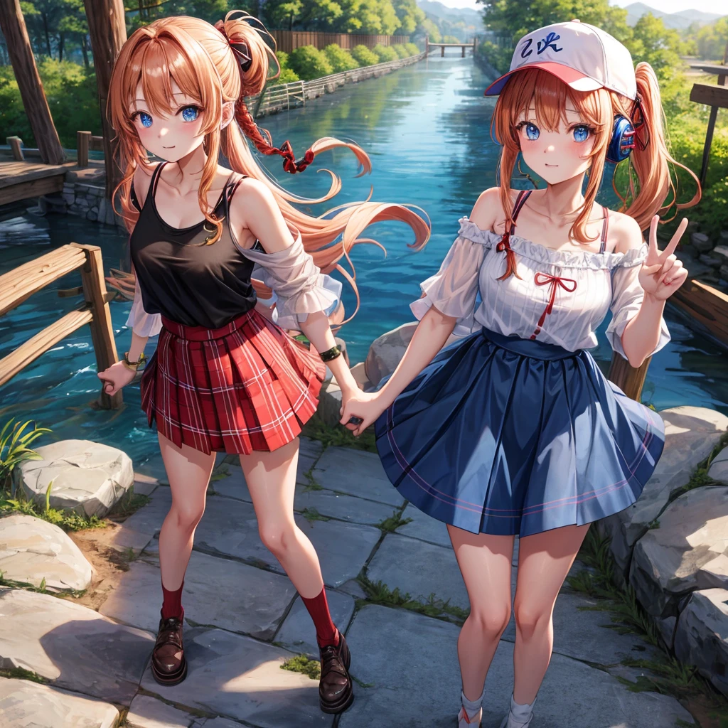 Red-blonde、Blue hair、blue eyess、Braids、poneyTail、one good looking girl、独奏、animesque、Plaid miniskirt、Black T-shirt、camisole、the woods、Walking、Wearing a plaid baseball cap、bare-legged、Tilting your face、log bridge、Doing the ribbon、have a twig、falls、Blue Topaz、Sunset sky、Wearing headphones、Stone bridge、falls壺