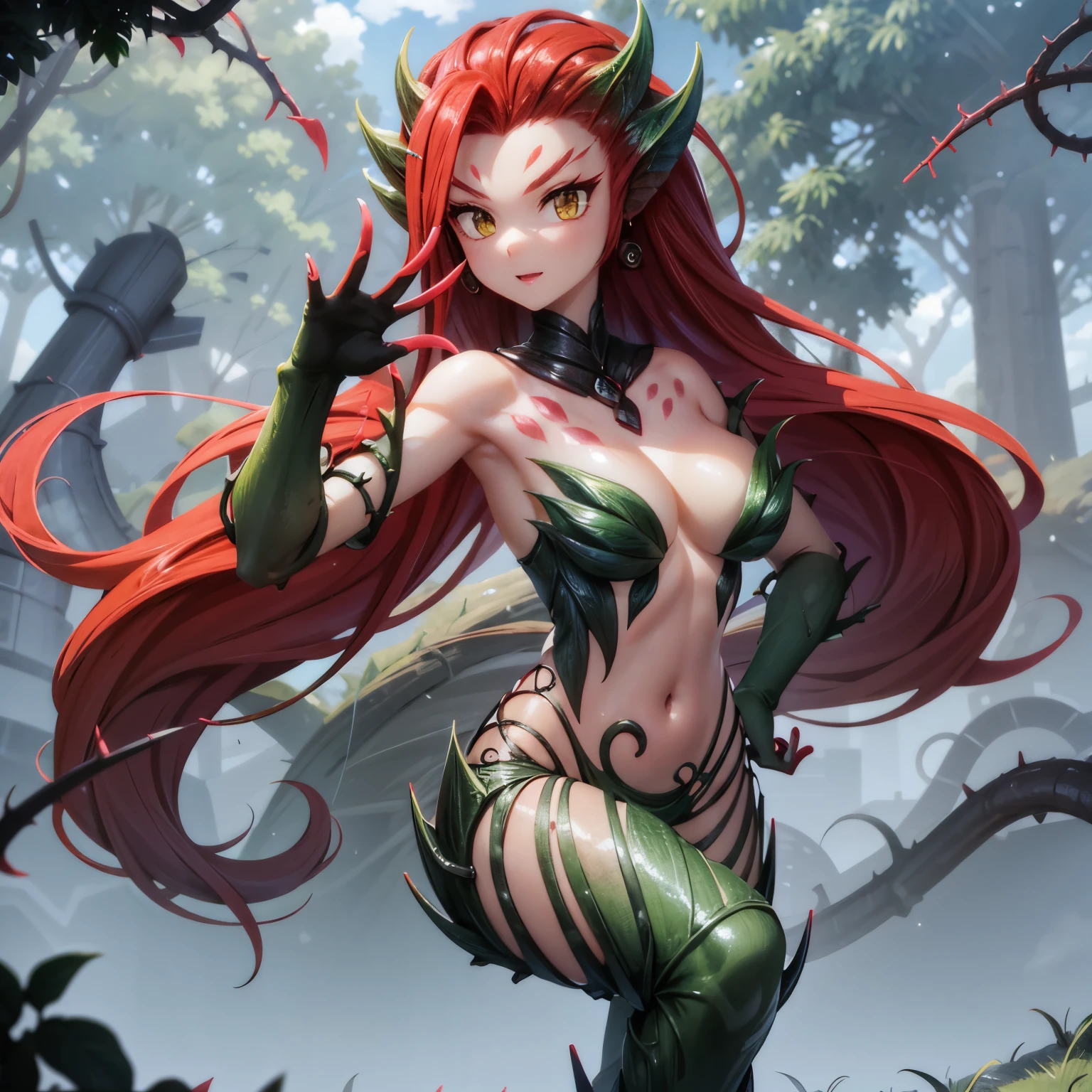 Zyra - Rise of the Thorns - League of Legends a high definition, 8k, Cara detallada, mostrando su pecho, delgado y delgado, body of equal proportion in his chest)), random view, cuatro dedos y 1 pulgar, ((2 manos , expresion facial random at viewer, pose de su cuerpo aleatoria