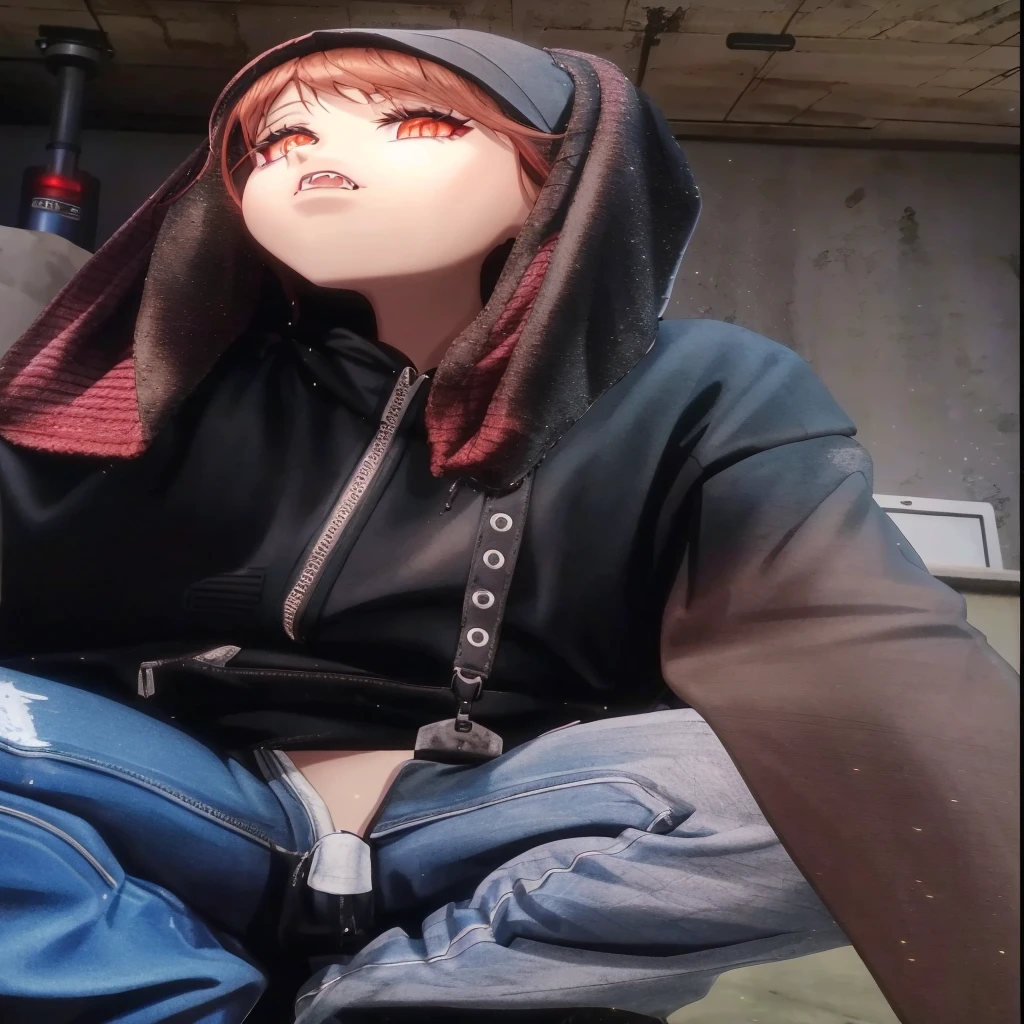 arafed woman sitting on the floor with a hood on, wearing sith hood, very very low quality picture, wearing demobaza fashion, wearing apocalyptic clothes, wearing cyberpunk leather jacket, wearing a dark hood, cyberpunk anime girl in hoodie, wearing hood, dressed in a ((ragged)), wearing cyberpunk 2 0 7 7 jacket, wearing samcrow leather jacket pussy showing
