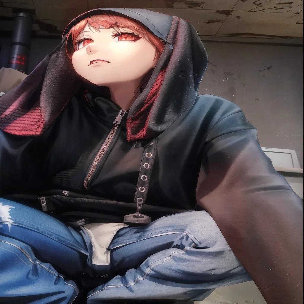 arafed woman sitting on the floor with a hood on, wearing sith hood, very very low quality picture, wearing demobaza fashion, wearing apocalyptic clothes, wearing cyberpunk leather jacket, wearing a dark hood, cyberpunk anime girl in hoodie, wearing hood, dressed in a ((ragged)), wearing cyberpunk 2 0 7 7 jacket, wearing samcrow leather jacket pussy showing