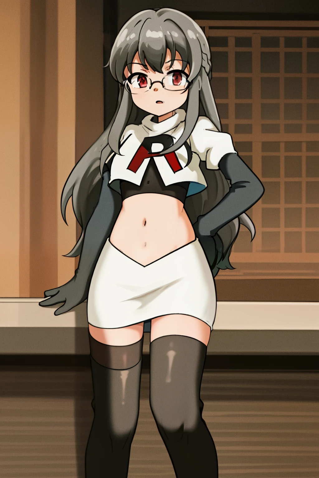 futaba rio,glasses,(gray hair),very detailed ,highres,(masterpiece_1.0),(best quality_1.0),team rocket,team rocket uniform,white skirt,red letter R,crop top,black thigh-highs,black elbow gloves,