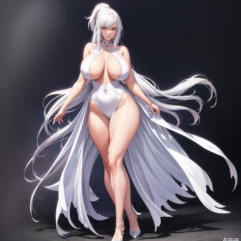 level animation works，An impeccable masterpiece，A mature lady wearing cool sexy clothing stands against a pure white background，Silver-haired woman，standing full-body，slender leg，humongous large breast，Straight chest，Detailed facial details，natural beautiful standing，Vivid and authentic body details