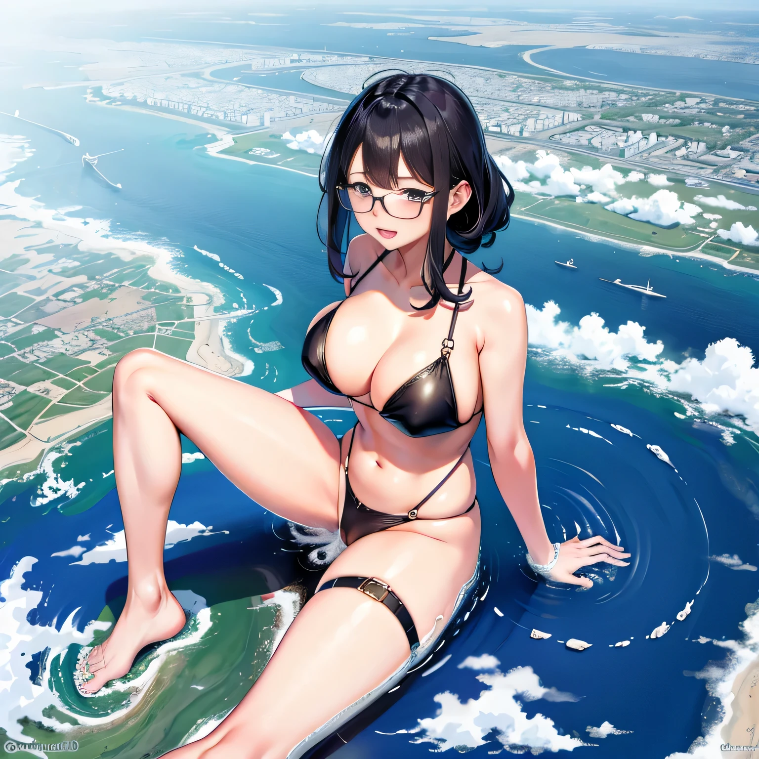 Multiple girls, der riese art, 非常に詳細なder rieseショット, der riese, Shorthair, Giant woman bigger than a skyscraper, Wearing rimless glasses, Colossal tits, Big ass, Bikini swimwear, i&#39;I&#39;m playing with small aircraft carriers and battleships in the land of dwarfs.。., nffsw, giga der riese, der riese, crashed battleship, small battleship, micro battleship,