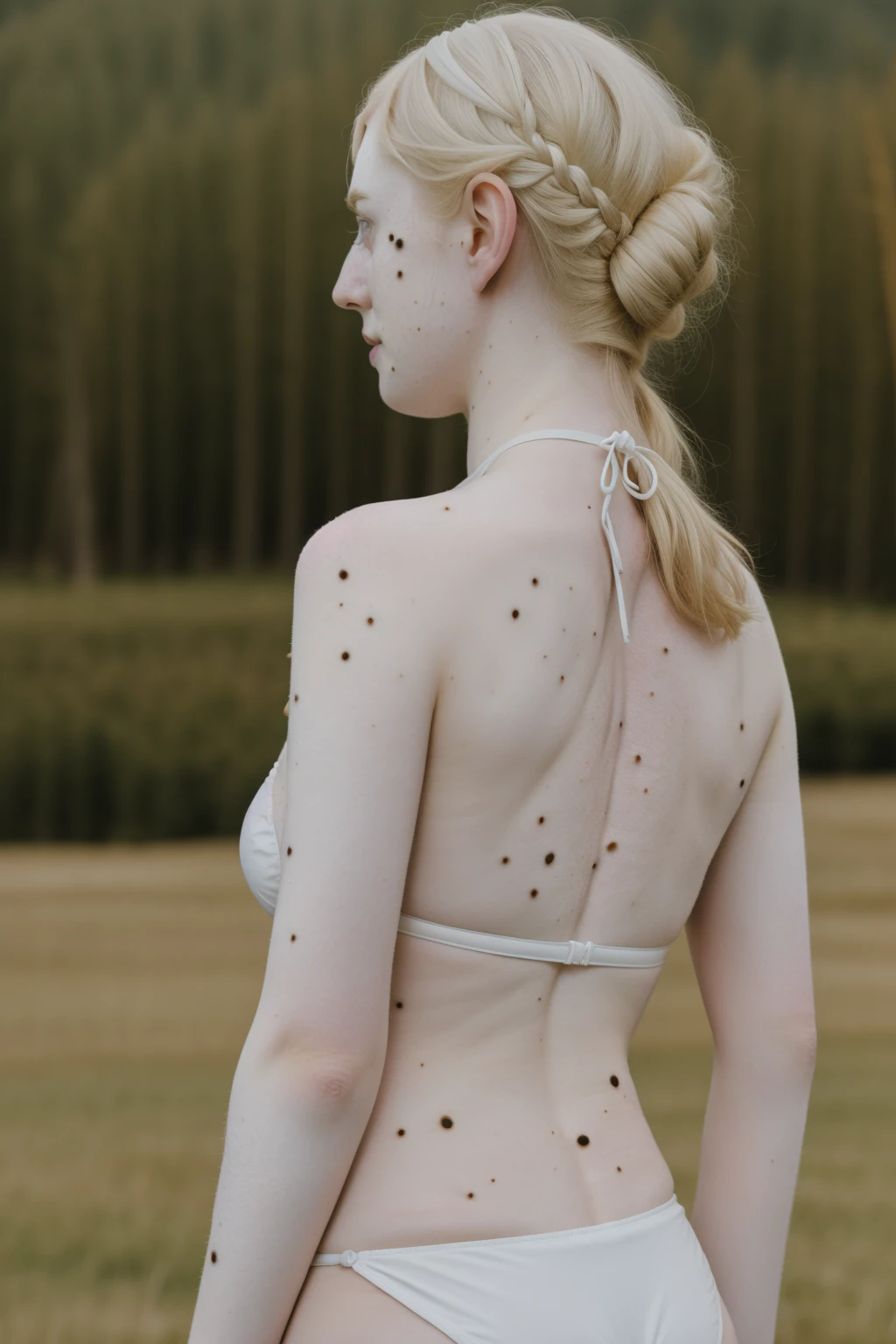 (pale white:1.5)  dbwl woman adult sks woman with (pale_white_skin:1.6), 

[(pale white skin:1.7) (with:.01) (light beauty_marks:.01):3]
 [(Natural light_blonde_hair:1):4], 
(from behind:1),
(Back view:1.2), 
 (medium shot:1.1), (full body shot:1.2), bare back, head, albino, (bikini:1.4), braided ponytail, 
 (sunny:1.1), front light, well lit, (arctic ice), detailed_skin, fit, unedited photograph, detailed, happy, high resolution, photograph, RAW photo, in frame, 

BREAK 
[(beauty_marks:1.1)::8] [(many beauty_marks and:.01) (many light moles:1.55):8]  (on her skin:1), BREAK [(light brown moles:.01):8]