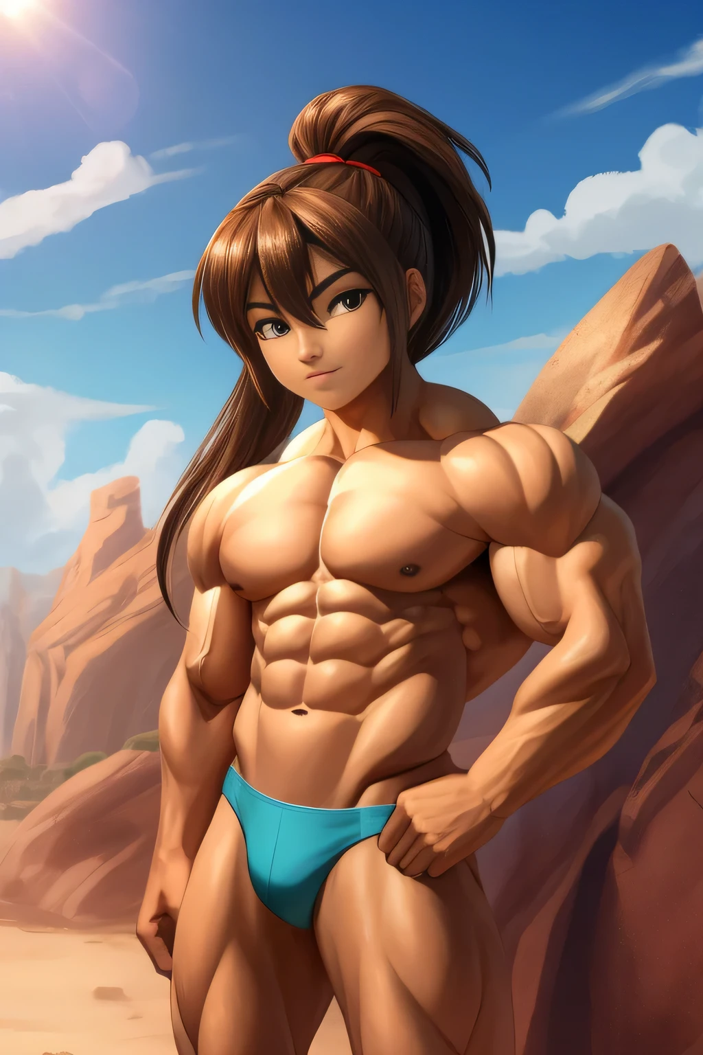 muchacho, very attractive muchacho, Etnia mexicana. piel bronceada, cabello largo y suelto, brown hair, Cabello atado en una cola de caballo, con flequillo a ambos lados de la cara, Joven culturista, raised muscle, hermosa musculatura, aesthetic stretch marks, Inspiring physique, lean muscle, pectorales cuadrados, hermoso cono en v, grandes abdominales y torso, tanga diminuta brillante, cara hermosa, young Rocky desert behind him, sunny day, Rocky desert behind him, Imagen de habilidad, Mirando al espectador, Pocas nubes en el cielo.