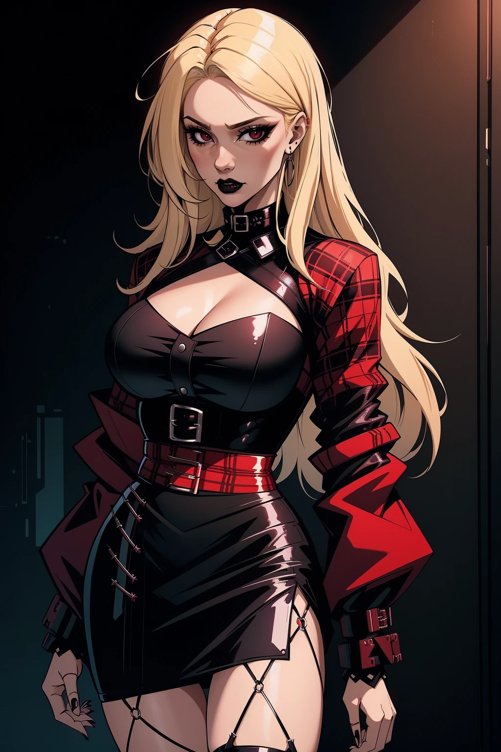 a woman with medium blonde hair, wearing a black blouse and plaid skirt, cyberpunk art, gothic art, cute aesthetic with vibe, toon aesthetic, wearing red costume, wearing gothic accessories