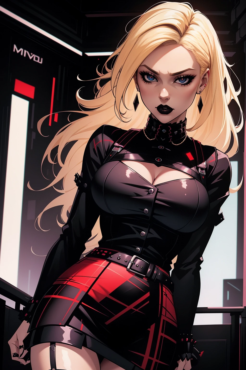 a woman with medium blonde hair, wearing a black blouse and plaid skirt, cyberpunk art, gothic art, cute aesthetic with vibe, toon aesthetic, wearing red costume, wearing gothic accessories