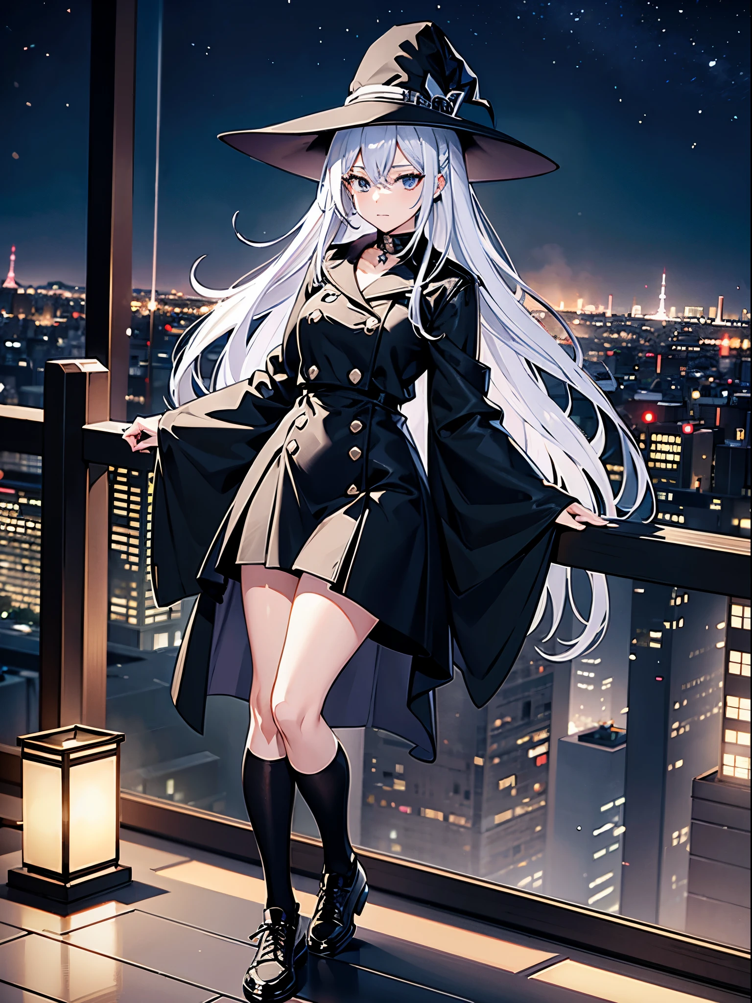 This is the rooftop of the tallest building in Tokyo.、You can look down on the city buildings from here.、It's night now、Woman wearing a large black witch hat with sapphire accessories、wearing a long black coat、She wears a sailor suit、she is wearing a checked skirt、knee-length black stockings、black running shoes with white laces、Short, pure white loose lob hair、small tits