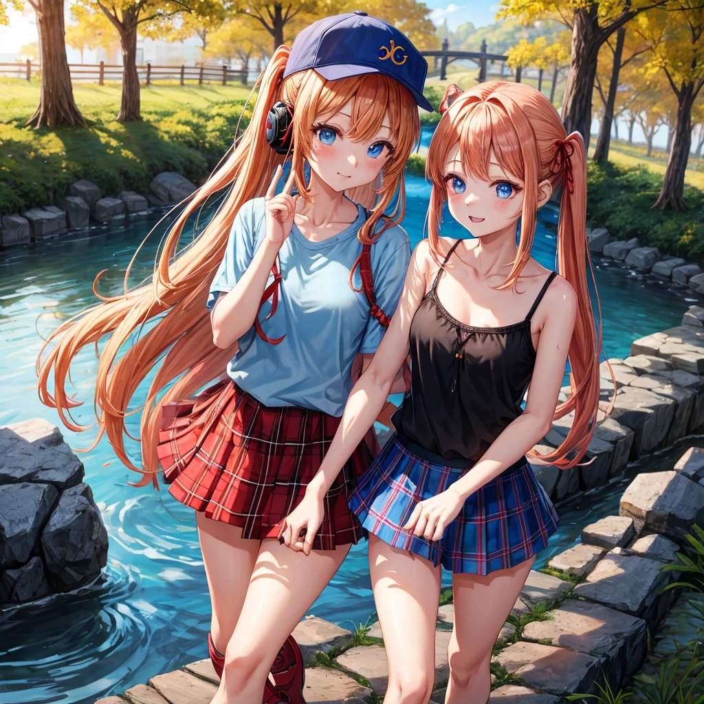 Red-blonde、Blue hair、blue eyess、Braids、poneyTail、one good looking girl、独奏、animesque、Plaid miniskirt、Black T-shirt、camisole、the woods、Walking、Wearing a plaid baseball cap、bare-legged、Tilting your face、log bridge、Doing the ribbon、have a twig、falls、Blue Topaz、Sunset sky、Wearing headphones、Stone bridge、falls壺、I have a plastic bottle of tea