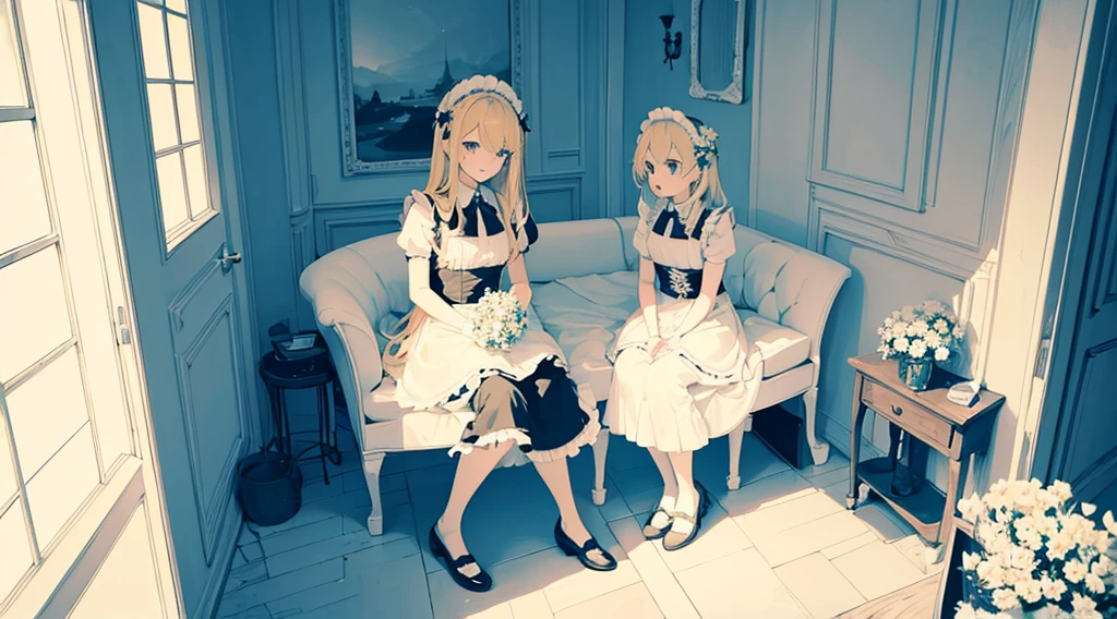 (2 girls, maid, blonde hair, blue eyes, cute, kawaii), (room with white flowers), (low contrast, flat color, limited palette)