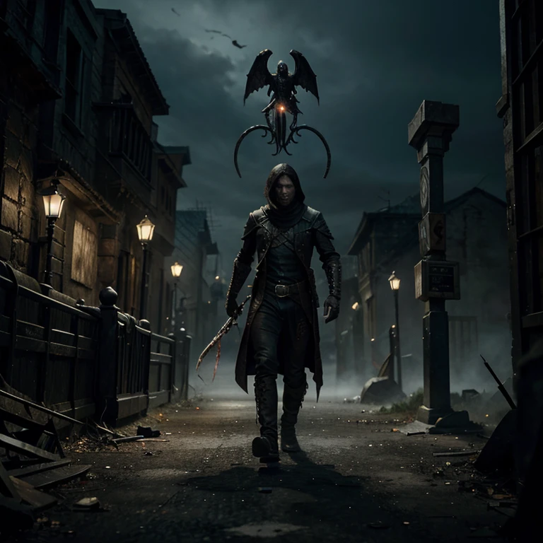 introduce of evil male character hanging a blood covered scythe on a scary place with corpses around him, illustration from magic the gathering, fear, drama, obscure, detailed face, lights and shadows, detailed, art contest winner, pro work, artstation, imgur, pinterest, hd, hq, 4k, 8k, pro perspective work, h.r. giger style