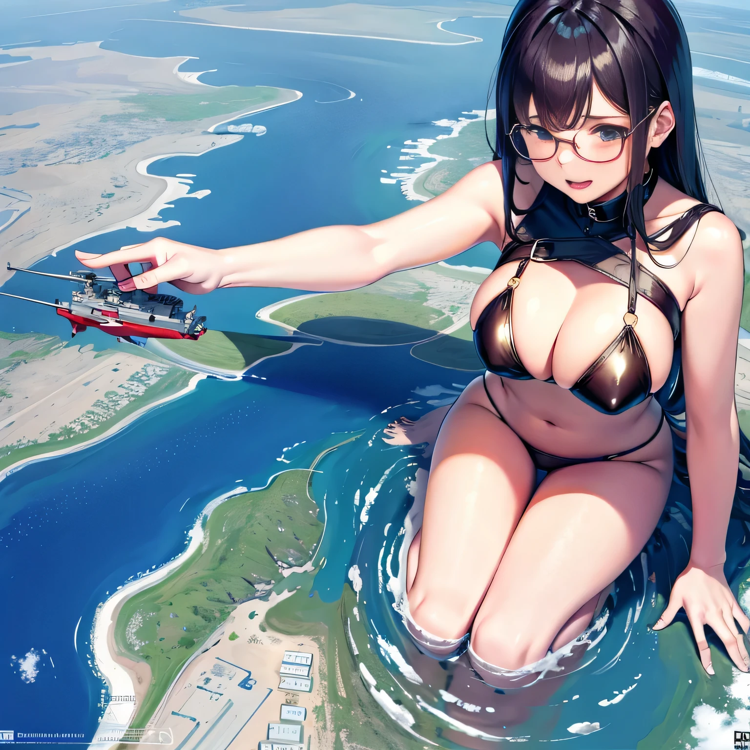 Multiple girls, der riese art, 非常に詳細なder rieseショット, der riese, Shorthair, Giant woman bigger than a skyscraper, Wearing rimless glasses, Colossal tits, Big ass, Bikini swimwear, i&#39;I&#39;m playing with small aircraft carriers and battleships in the land of dwarfs.。., nffsw, giga der riese, der riese, crashed battleship, small battleship, micro battleship,