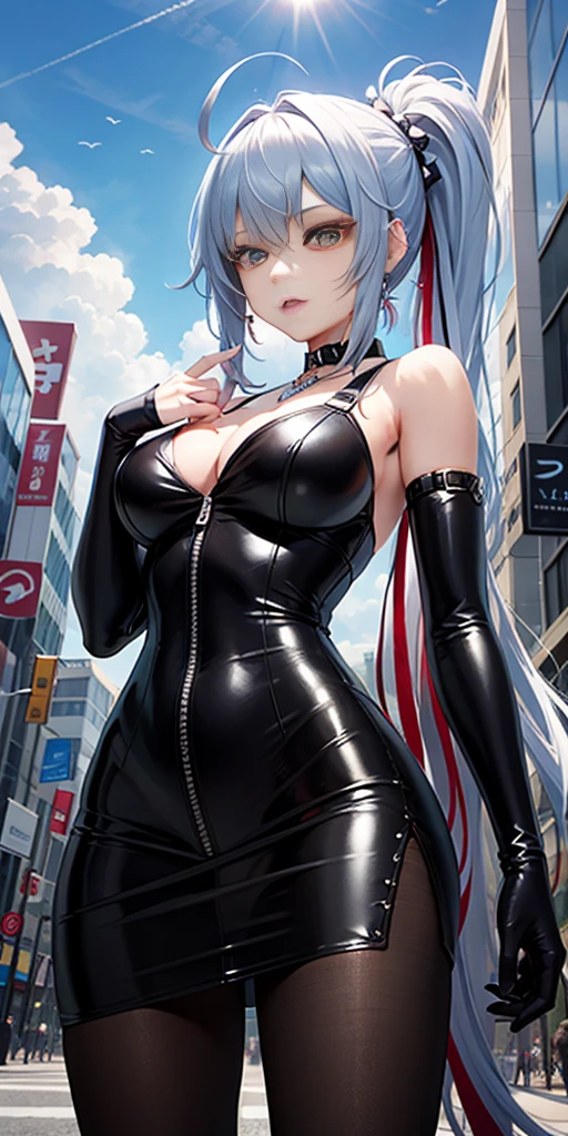 Sakifova,ahoge,of shoulders,黑色mittlack color hair,肘部mittloating hair,mitts,hair adornments,long whitr hair,orange eyeteriors,部分无指mitts,无袖,sleeveless shirts,V-shapped eyebrows,Very long hair,skinny pantrunette color hair,pony tails,O cabelo multicolorido,Striped hair,A futuristic,cyber punk perssonage,sakifuwery long skirt,
jewely, on the chest,ssee-through, looking at viewert, hair adornments, choker necklace, is shy,
(tmasterpiece,quality,最佳quality,offcial art,Beauty and aesthetics:1.2),(1 girl),extremedetailed,rich colourful,highest details,
(:1.2,)The upper part of the body,From the front,Carmelto,
城市,the street, suns, Clouds,