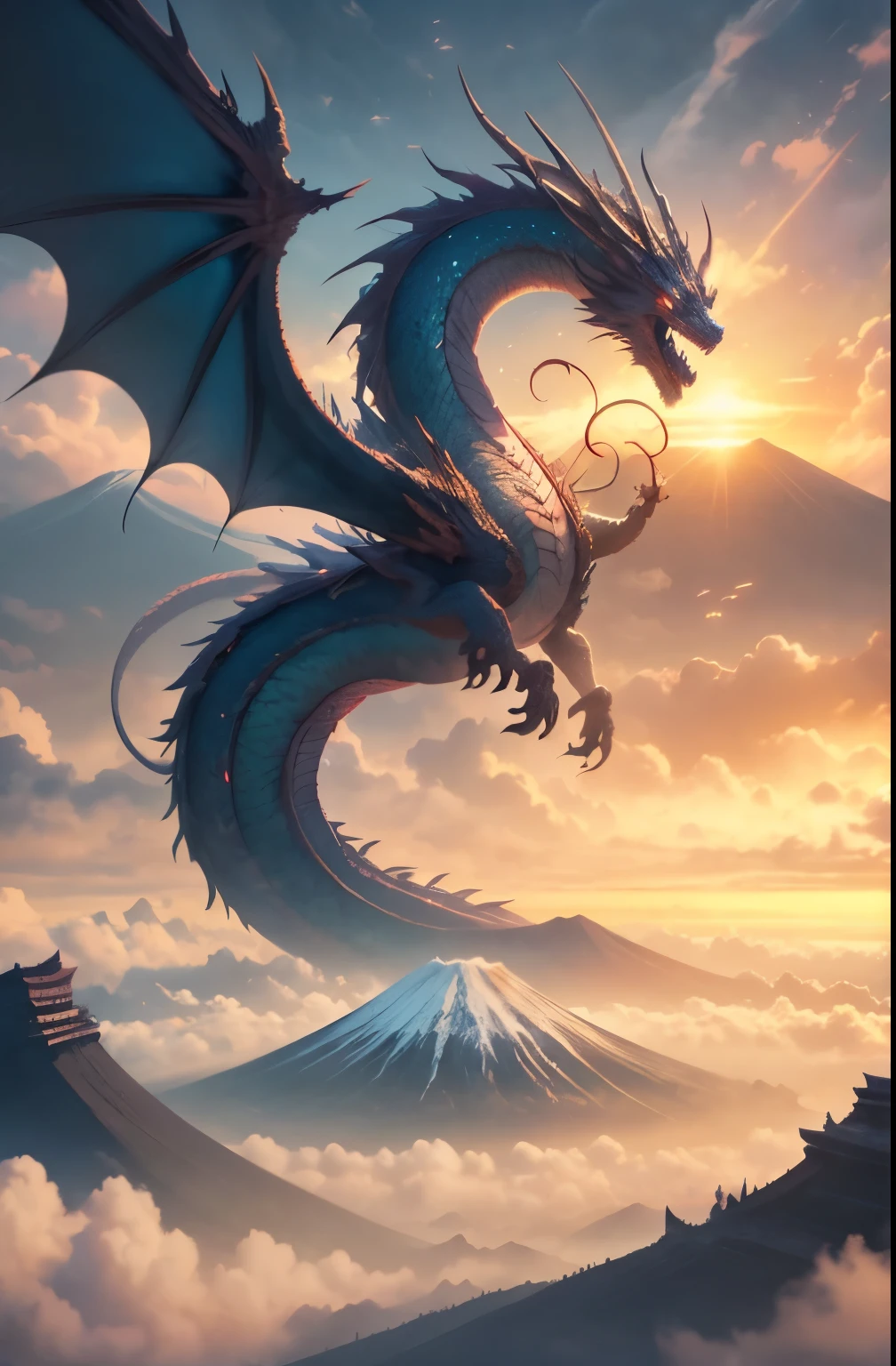 Close-up of a dragon flying in the sky with sunrise and Mt. Fuji in the background, hyperrealistic d & d fantasy art, anime epic artwork, jessica rossier fantasy art, A giant dragon flying in the sky, epic fantasy artwork, 2. 5 d cgi anime fantasy artwork, concept art wallpaper 4k, highly detailed fantasy art